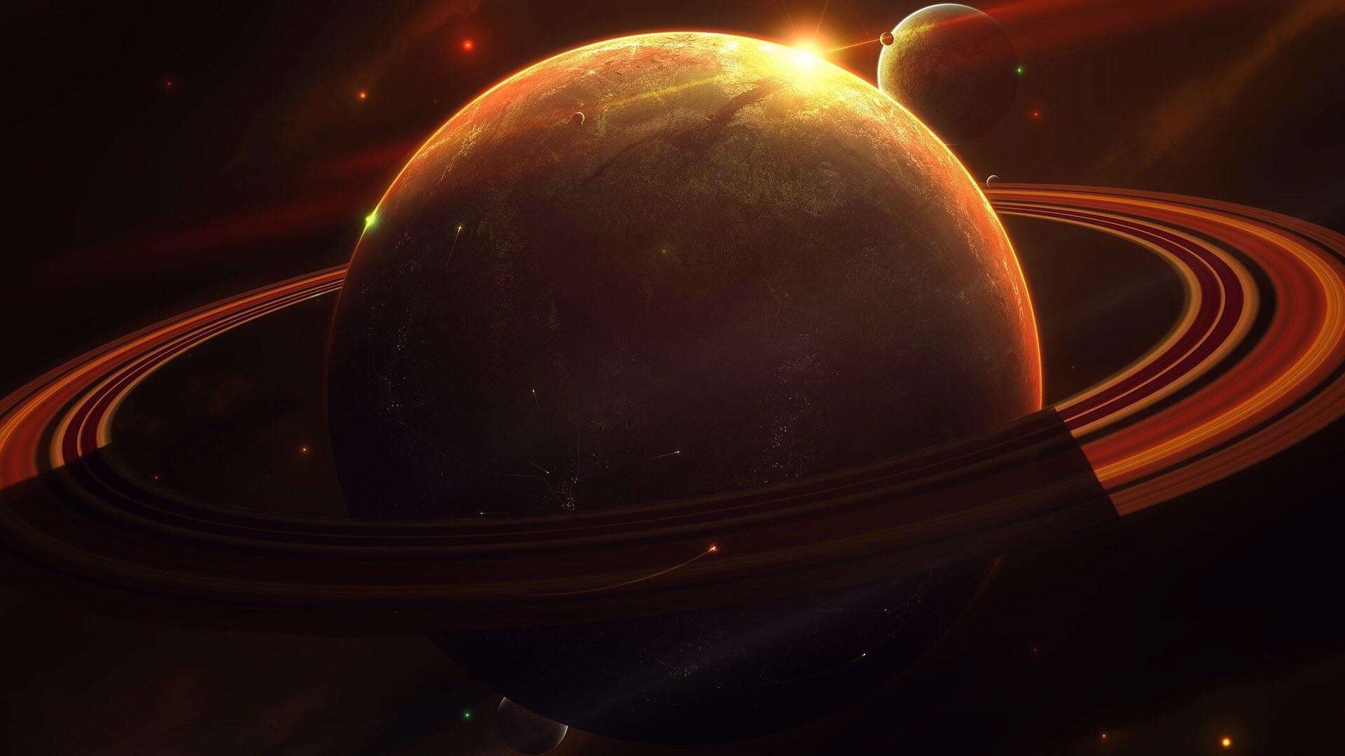 Planet with rings and sun flare HD Wallpaper