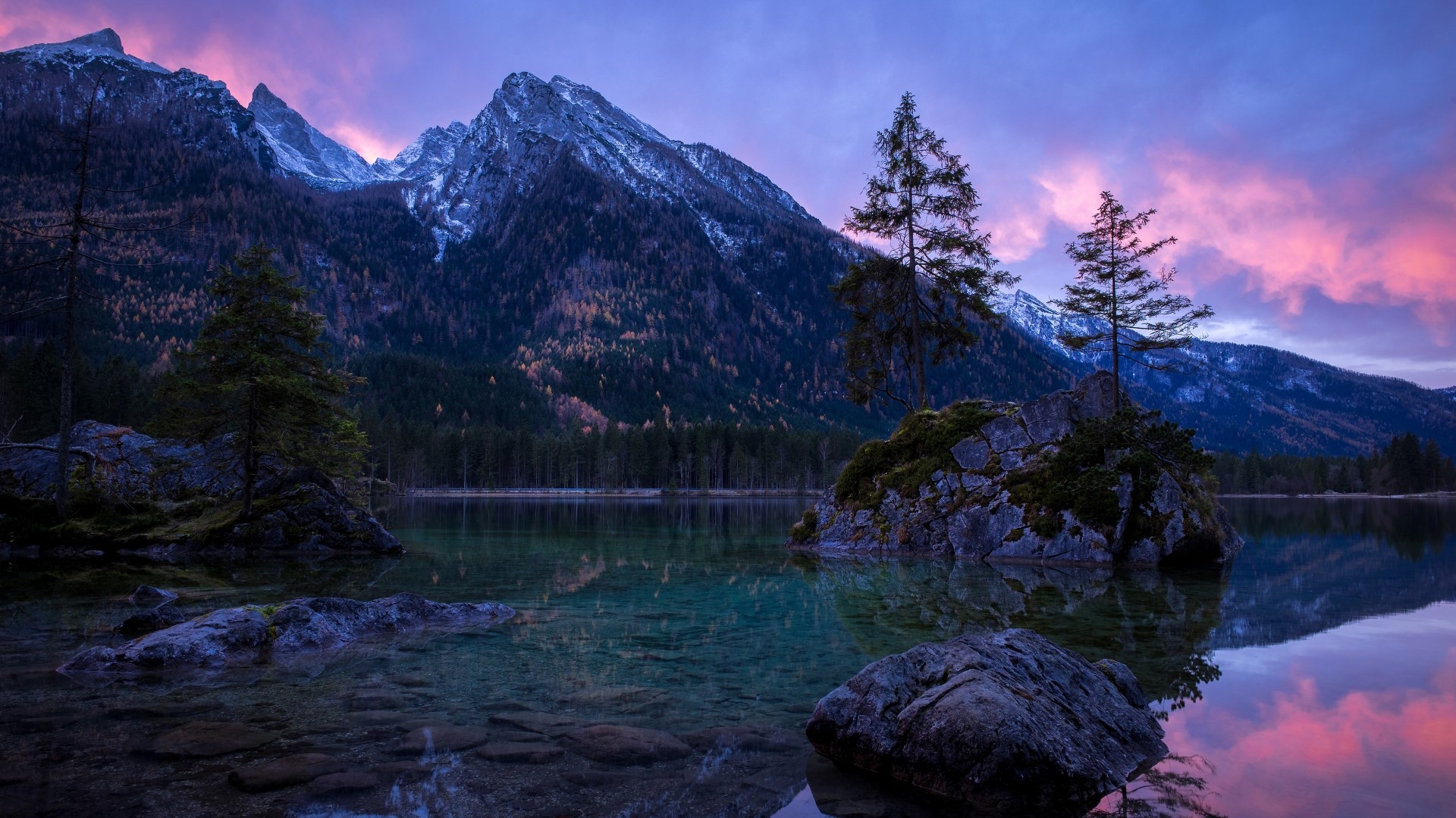Mountain lake at sunset with colorful sky HD Wallpaper