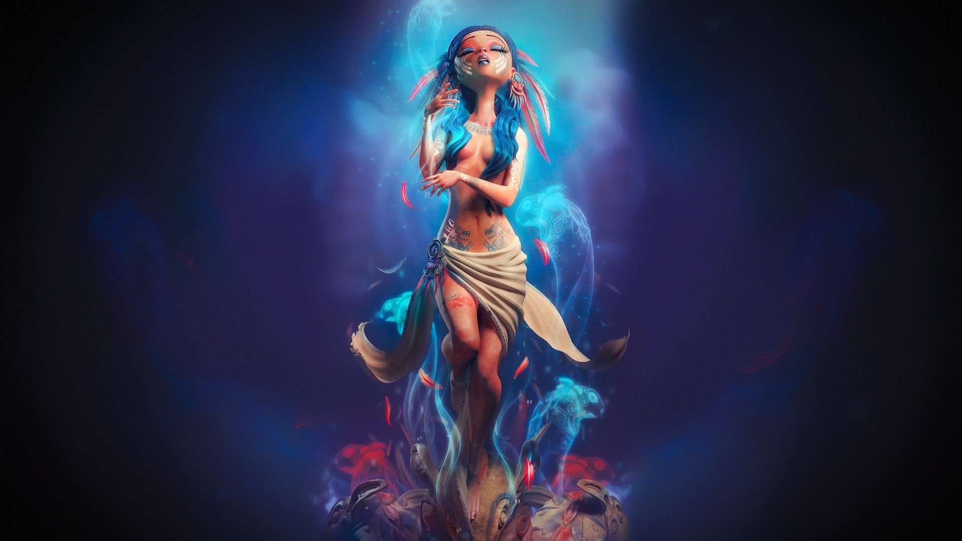 Fantasy Girl with Blue Hair and Feathers HD Wallpaper