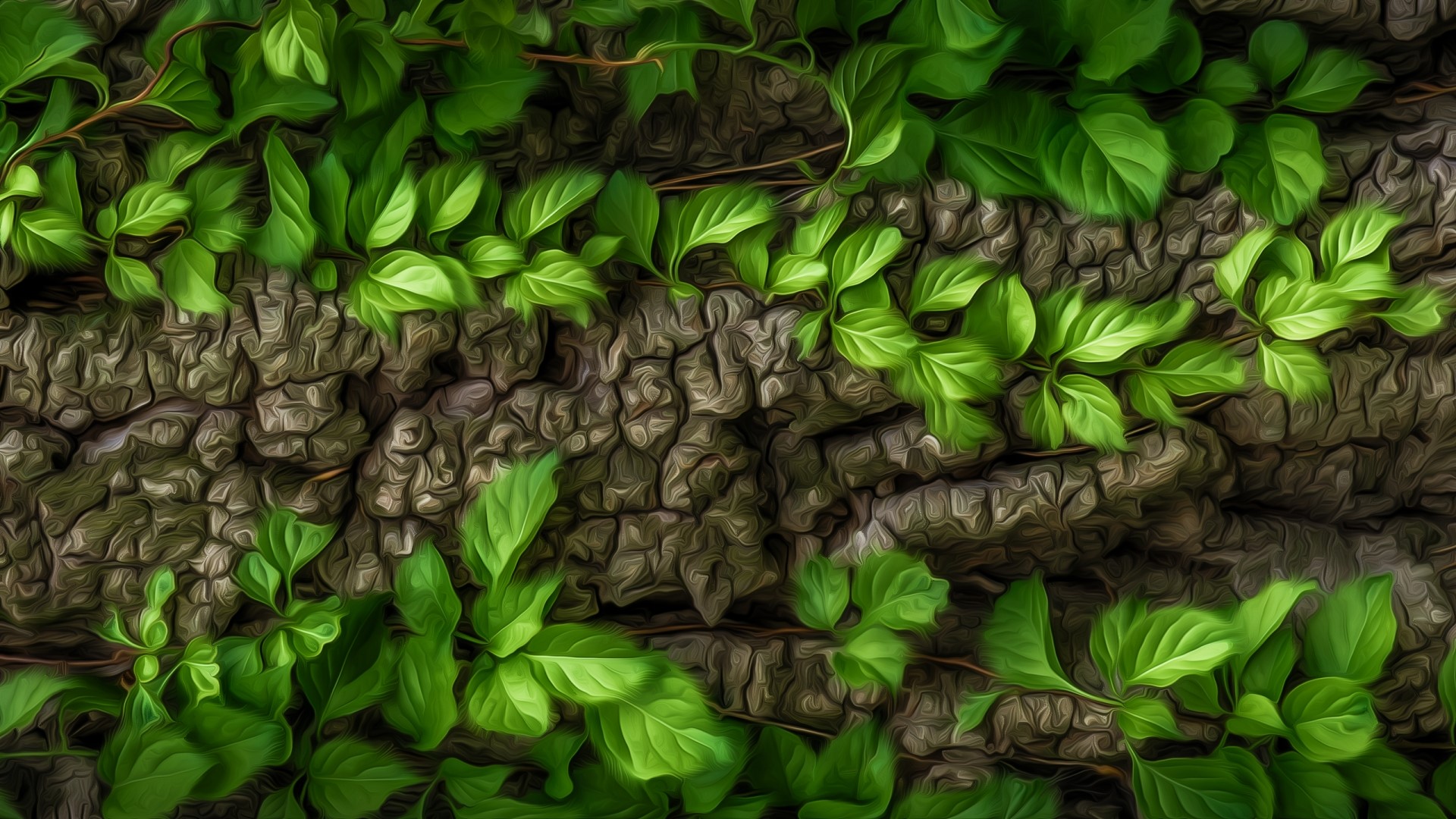 Green ivy vines growing on textured tree bark HD Wallpaper