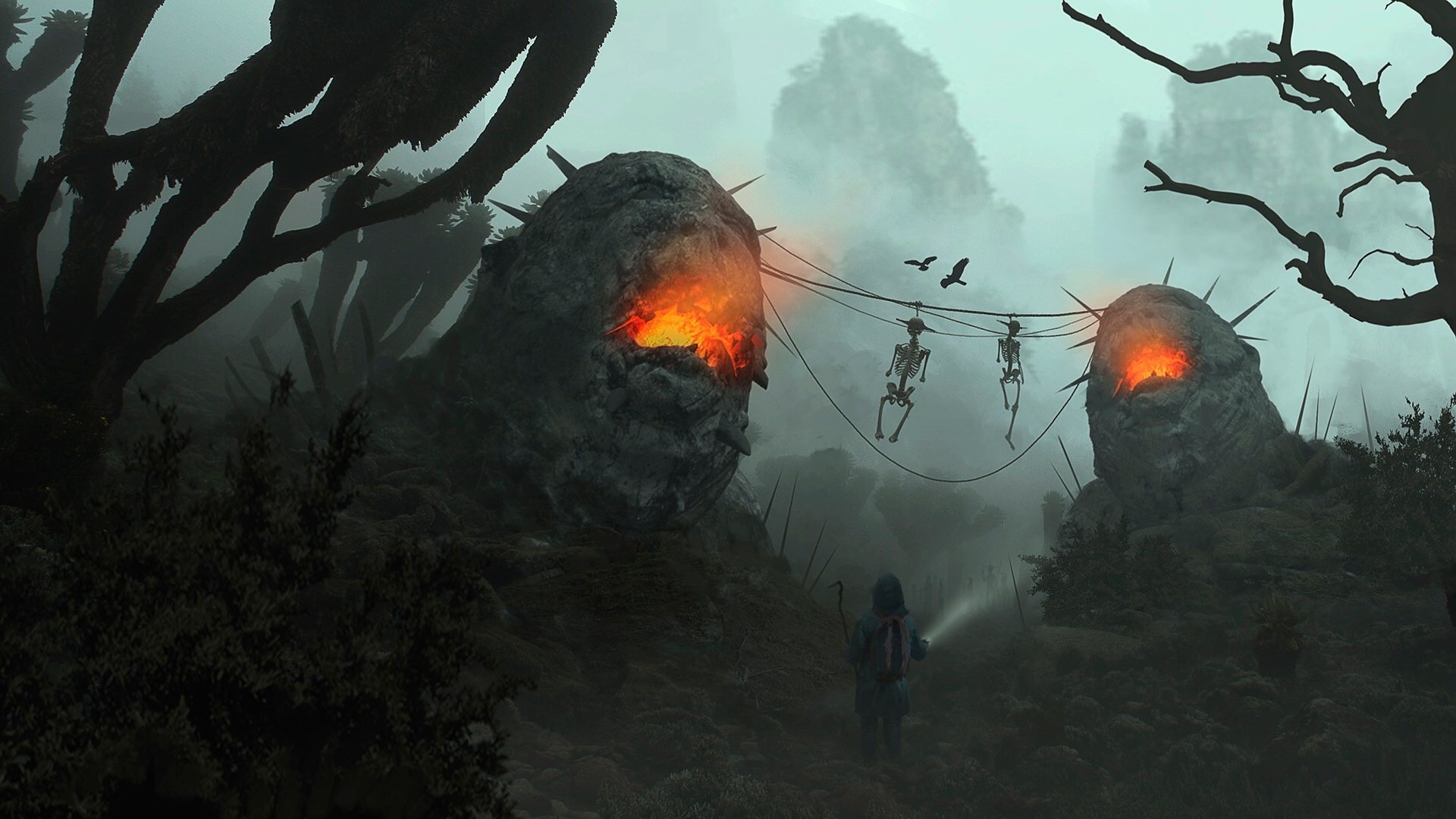 Creepy forest with glowing rocks and skeletons HD Wallpaper
