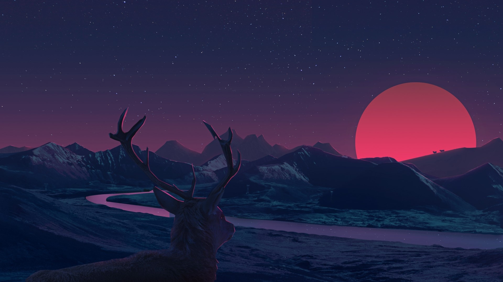 Deer by a river under a starry night sky with a large red sun HD Wallpaper