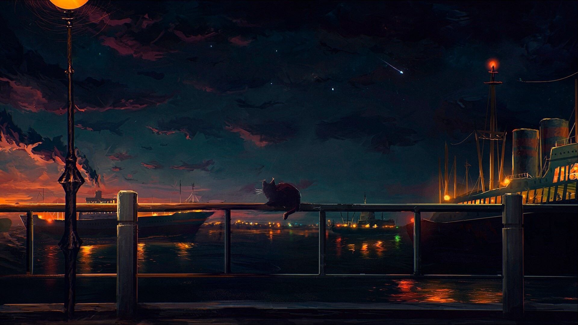 Cat on a railing overlooking a harbor at night HD Wallpaper
