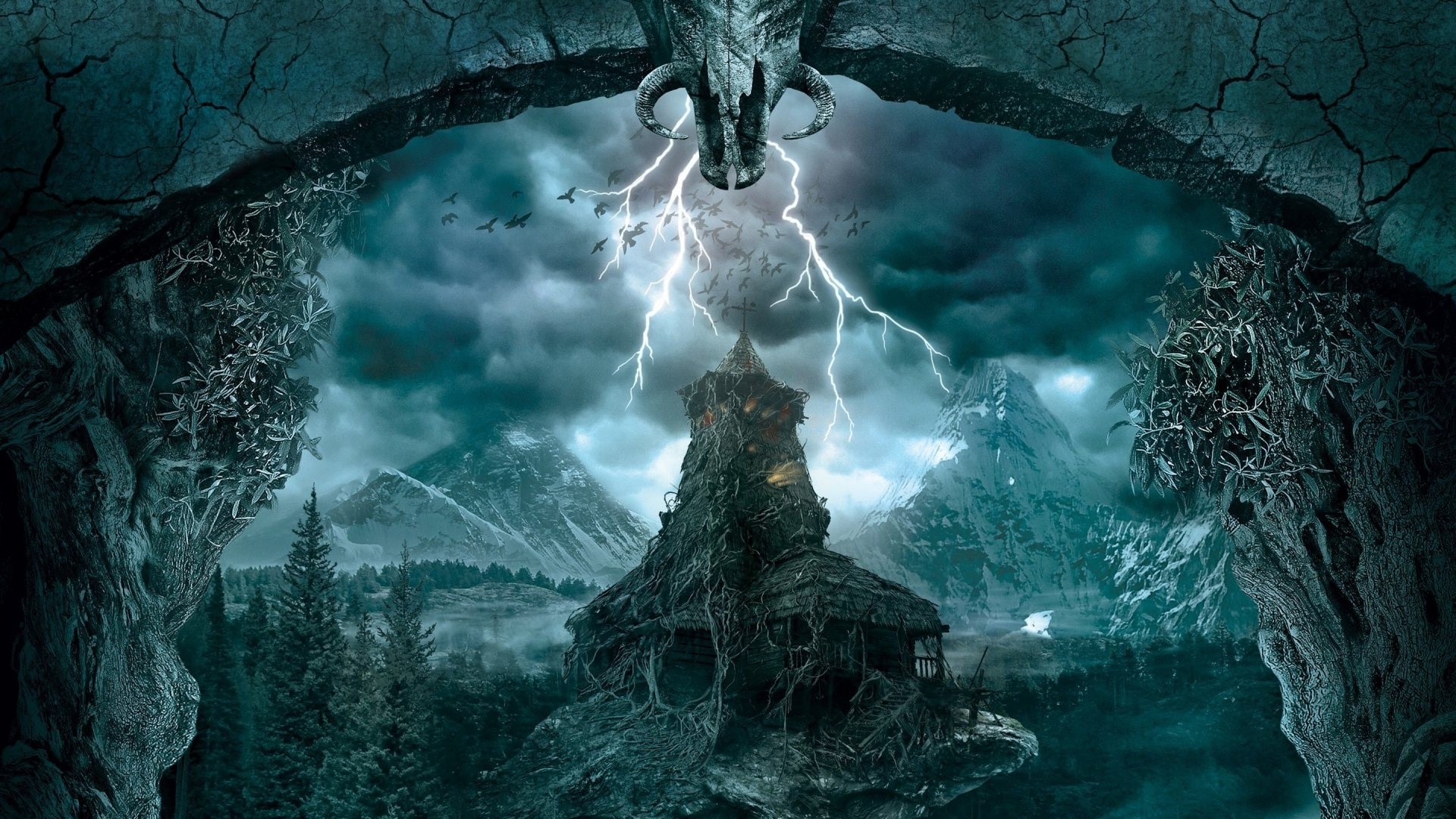 Lightning strikes an old house in a stormy mountain landscape HD Wallpaper
