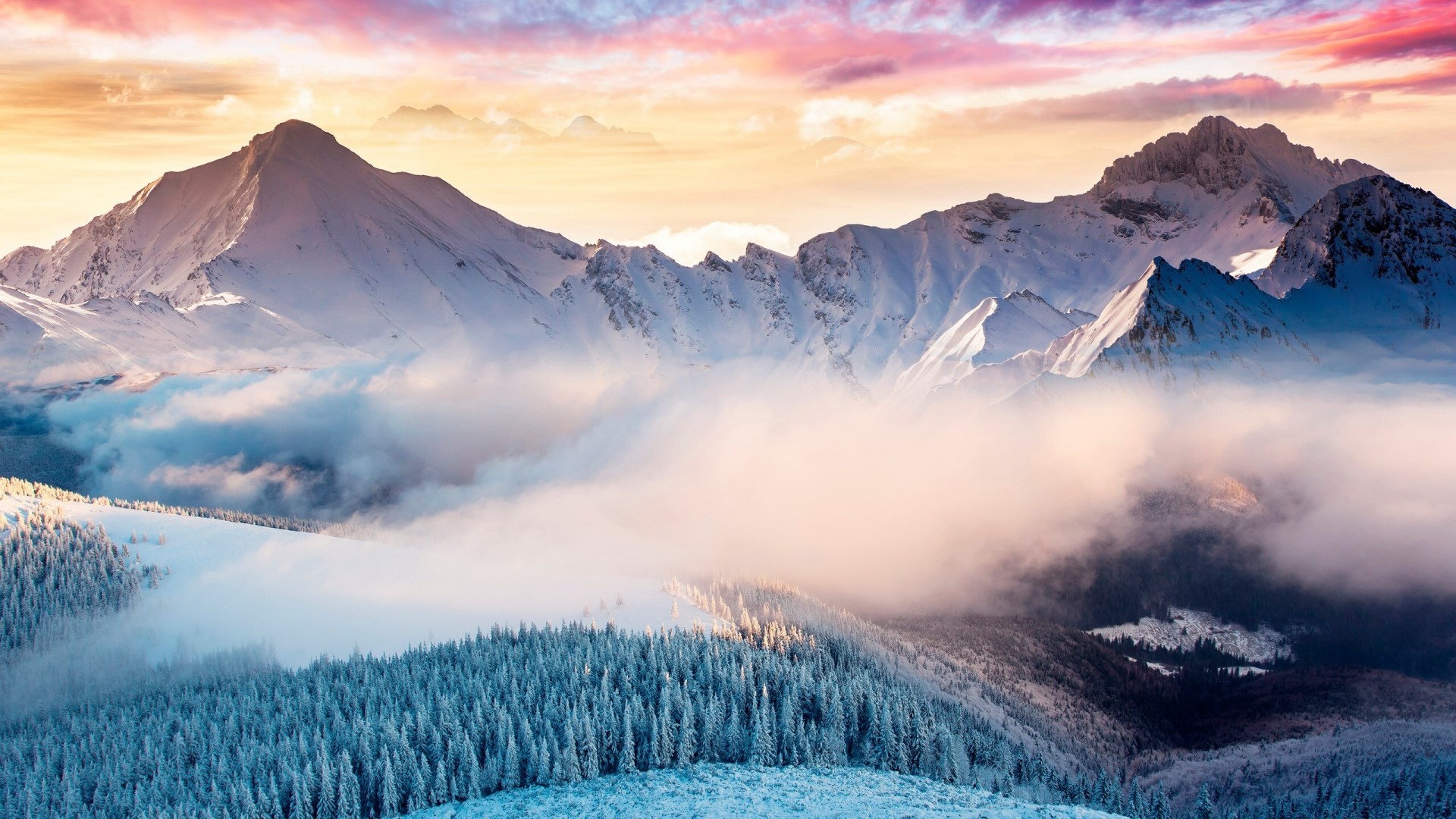 Snowy mountains and clouds at sunrise HD Wallpaper