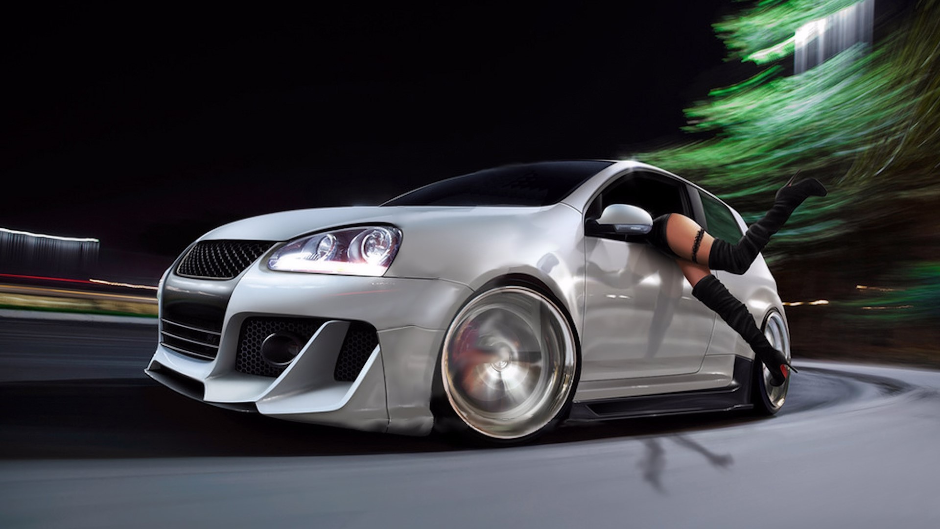 Volkswagen Golf with woman's legs out window HD Wallpaper