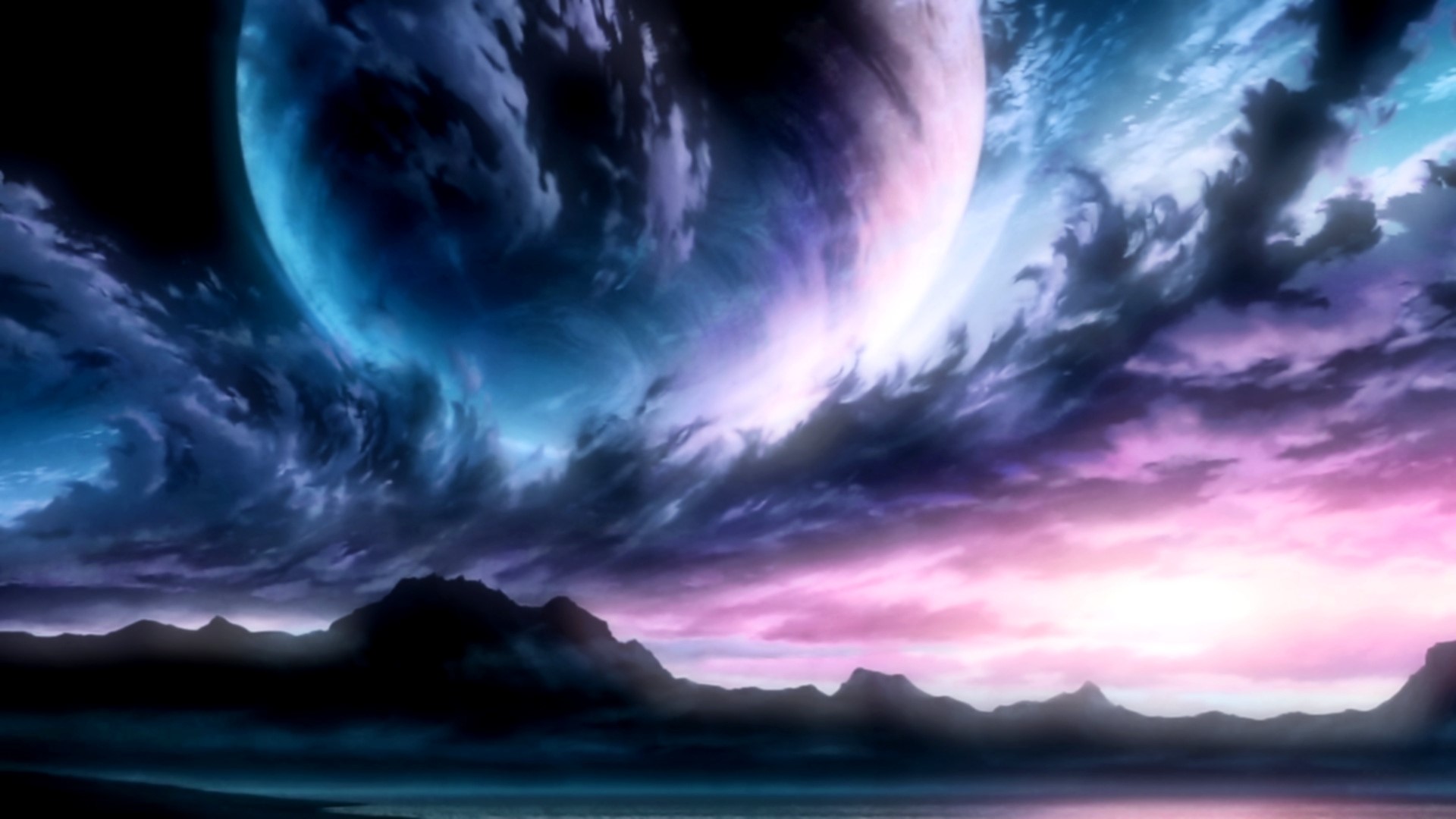 Planet in a colorful sky over mountains HD Wallpaper
