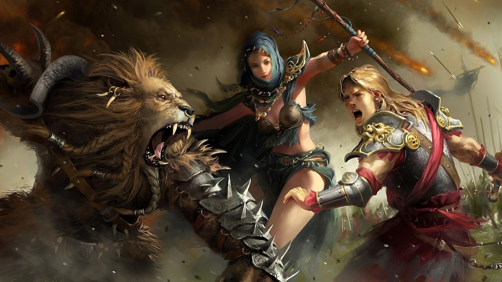 Fantasy battle with lion, warrior woman, and male fighter HD Wallpaper