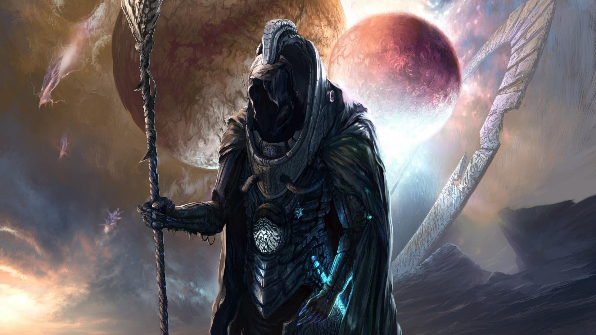 Fantasy character with staff and planets HD Wallpaper
