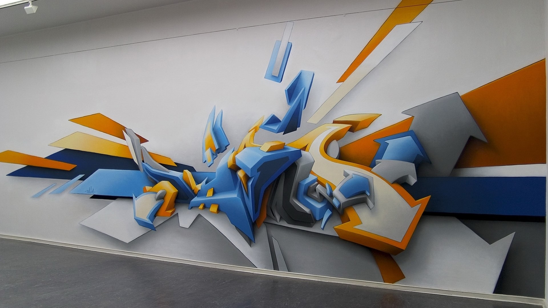 Graffiti art with blue, orange, and gray geometric shapes HD Wallpaper