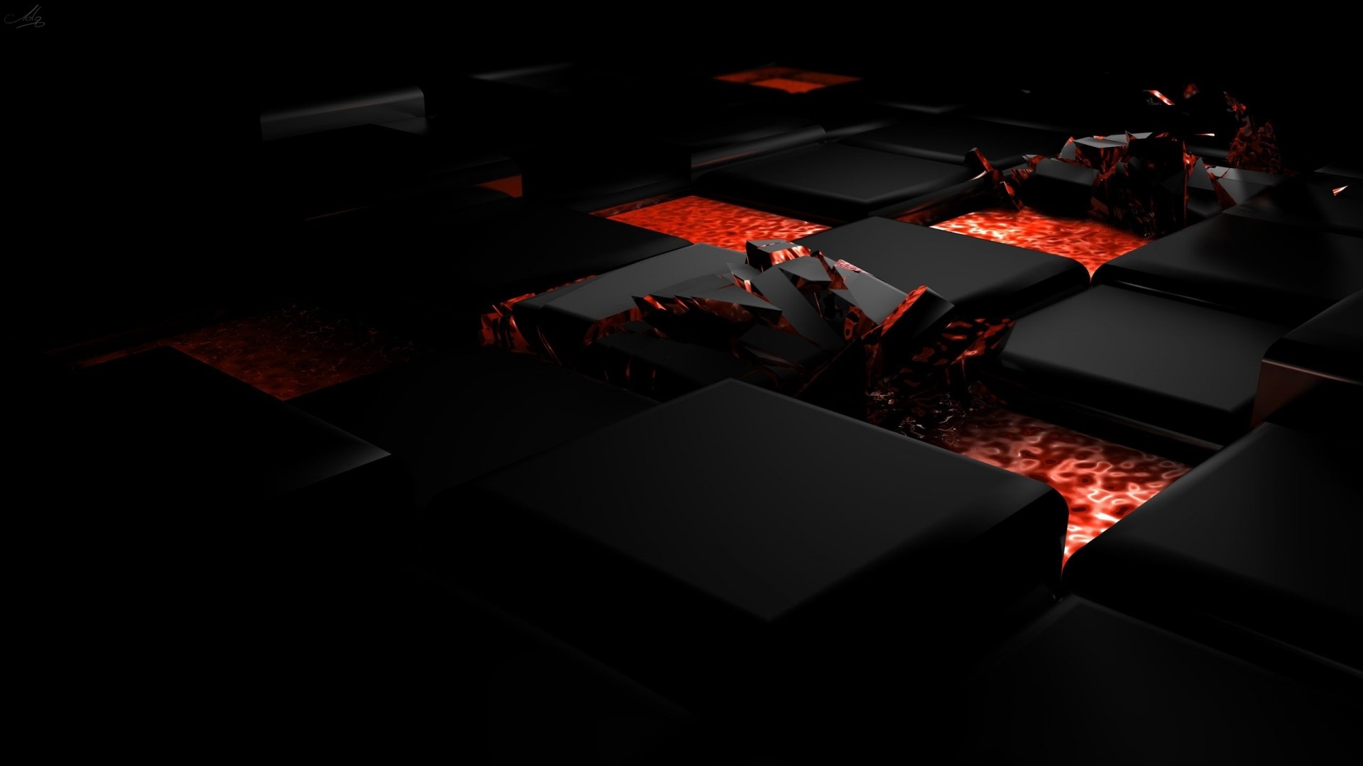 3D Black Cubes with Red Lava HD Wallpaper