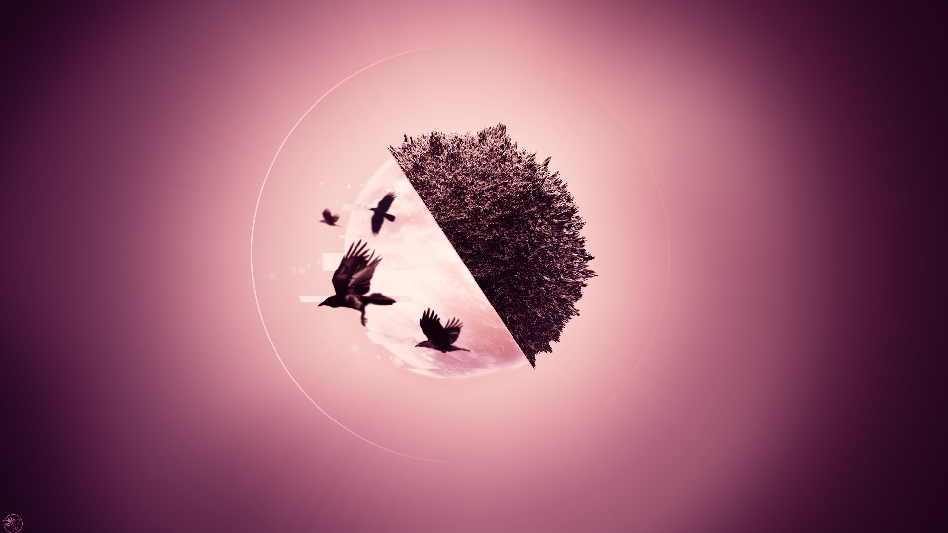 Crows flying around a split planet HD Wallpaper
