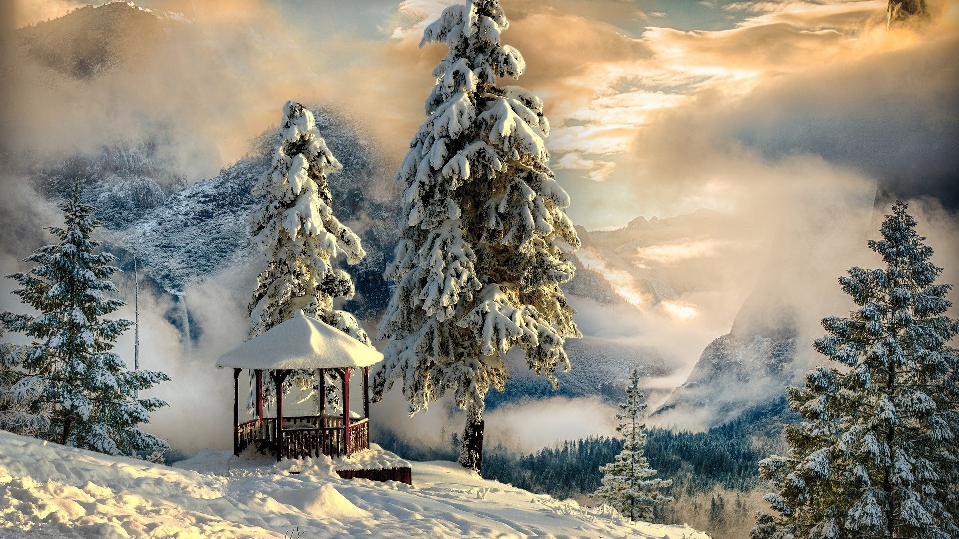 Snowy mountains with a gazebo and pine trees HD Wallpaper