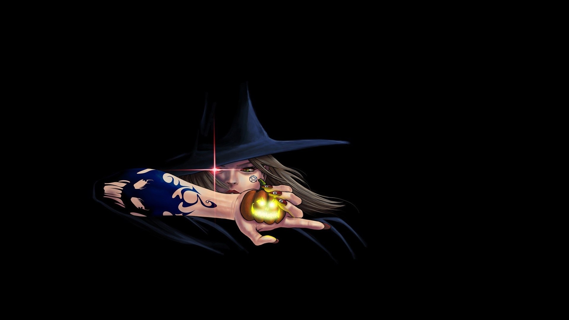 Witch holding a glowing jack-o'-lantern HD Wallpaper