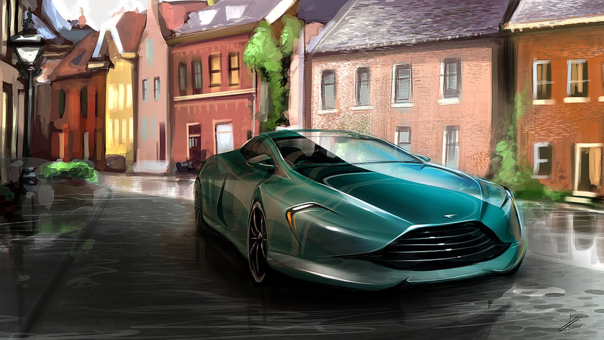 Aston Martin sports car on a wet street HD Wallpaper