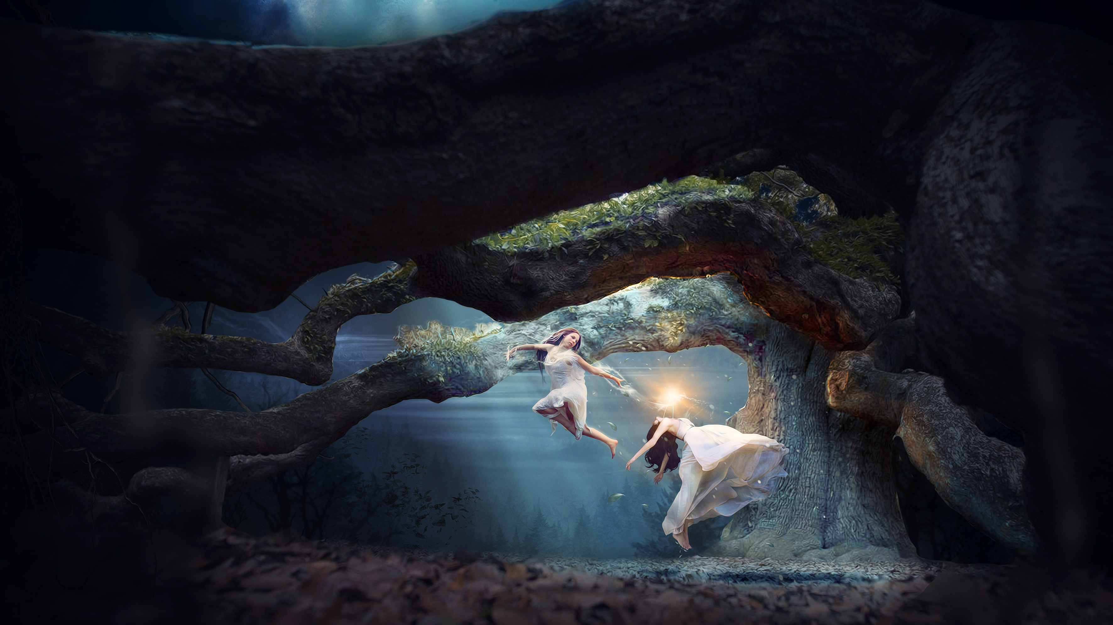 Two women in white dresses under a large tree HD Wallpaper