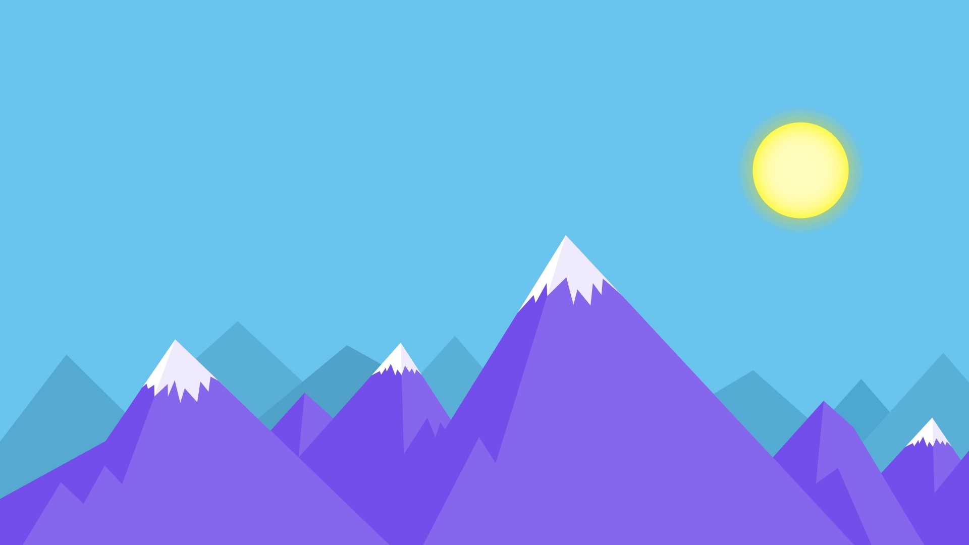 Minimalist purple mountains with snow caps under a yellow sun HD Wallpaper