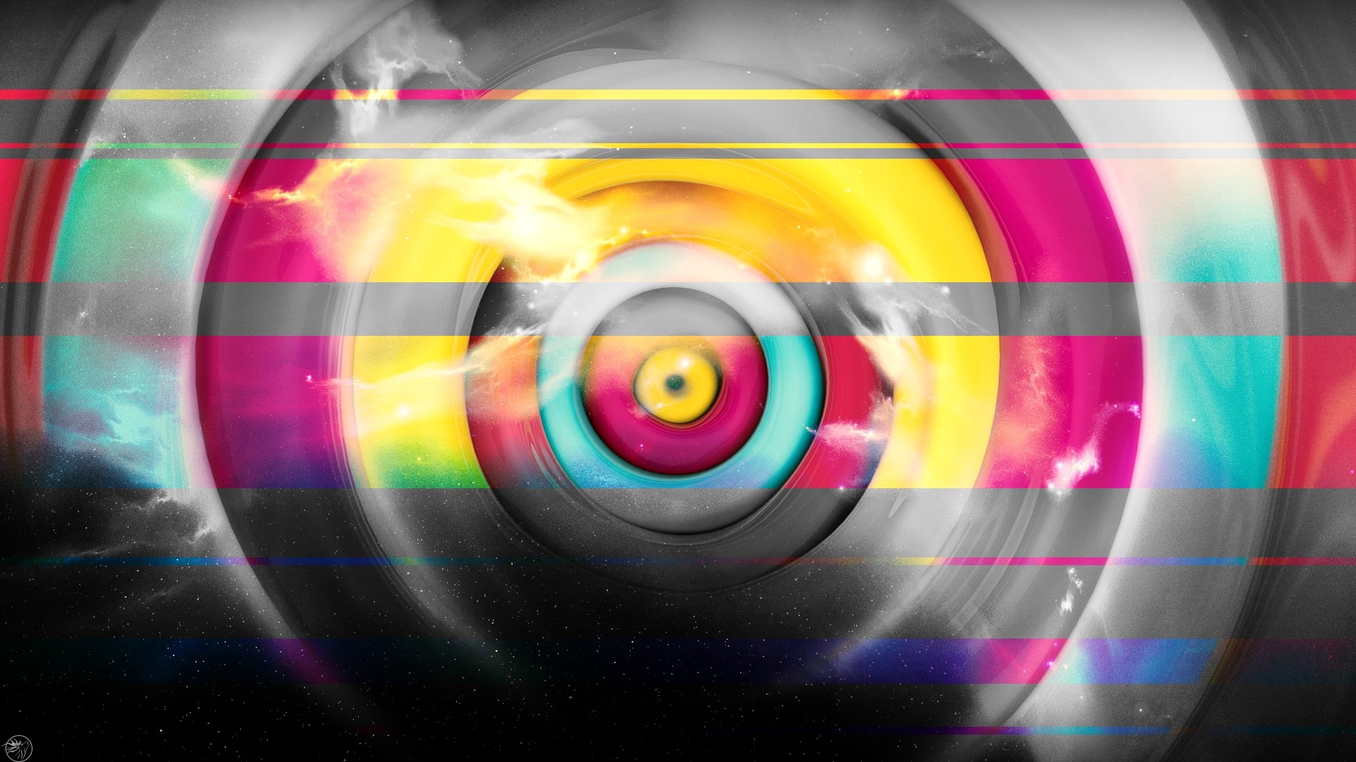 Abstract concentric circles with colorful glitch effect HD Wallpaper