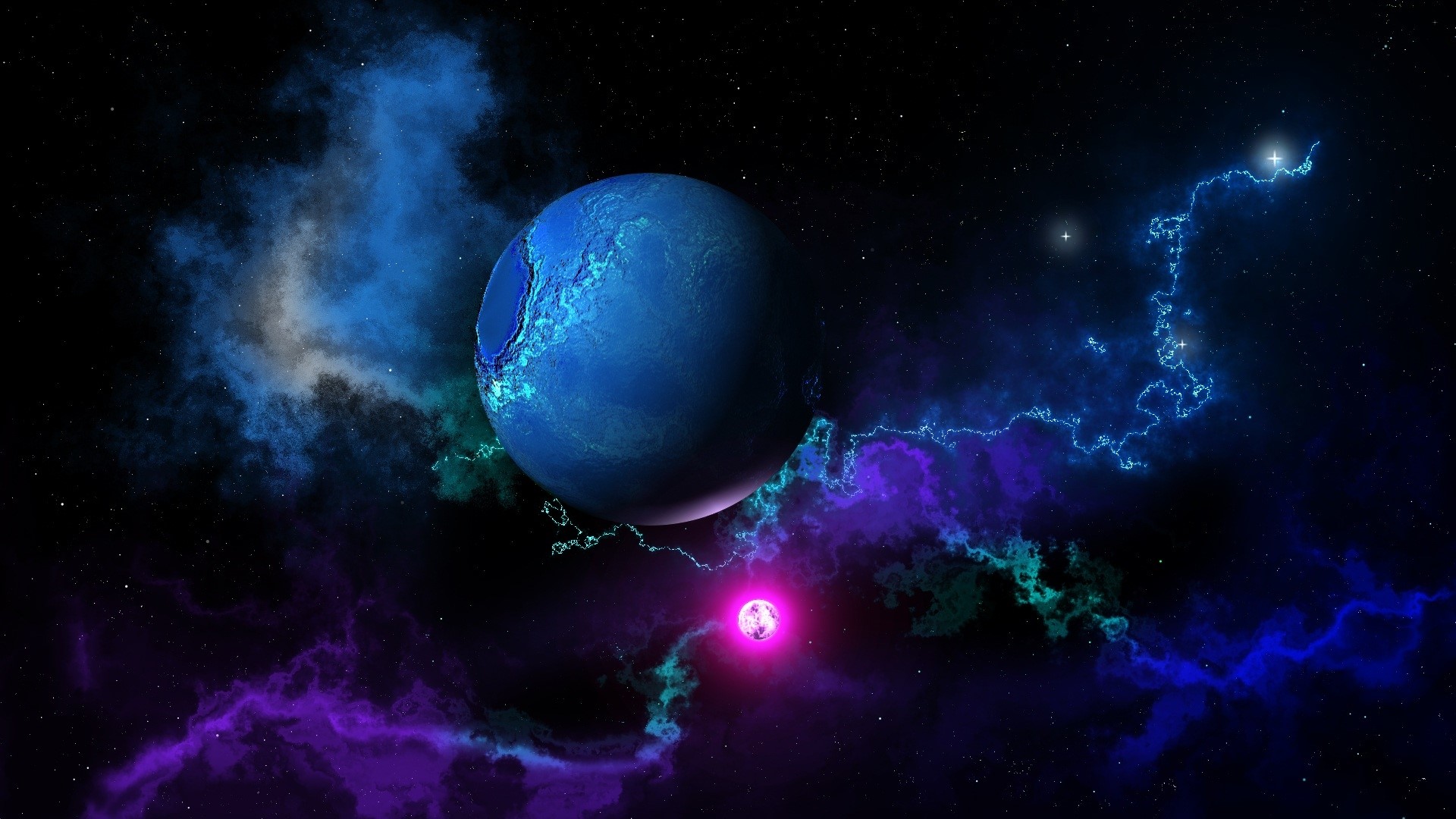 Blue planet in a nebula with a pink star HD Wallpaper