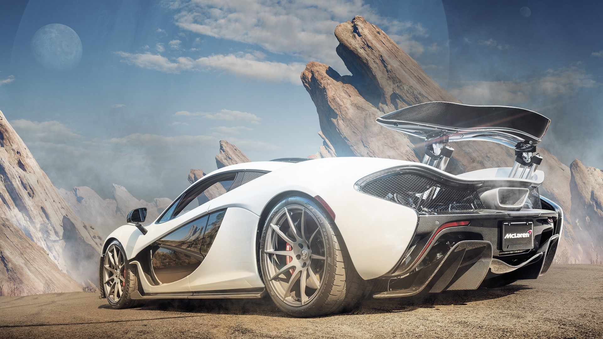 White McLaren P1 on a rocky alien planet HD Wallpaper
