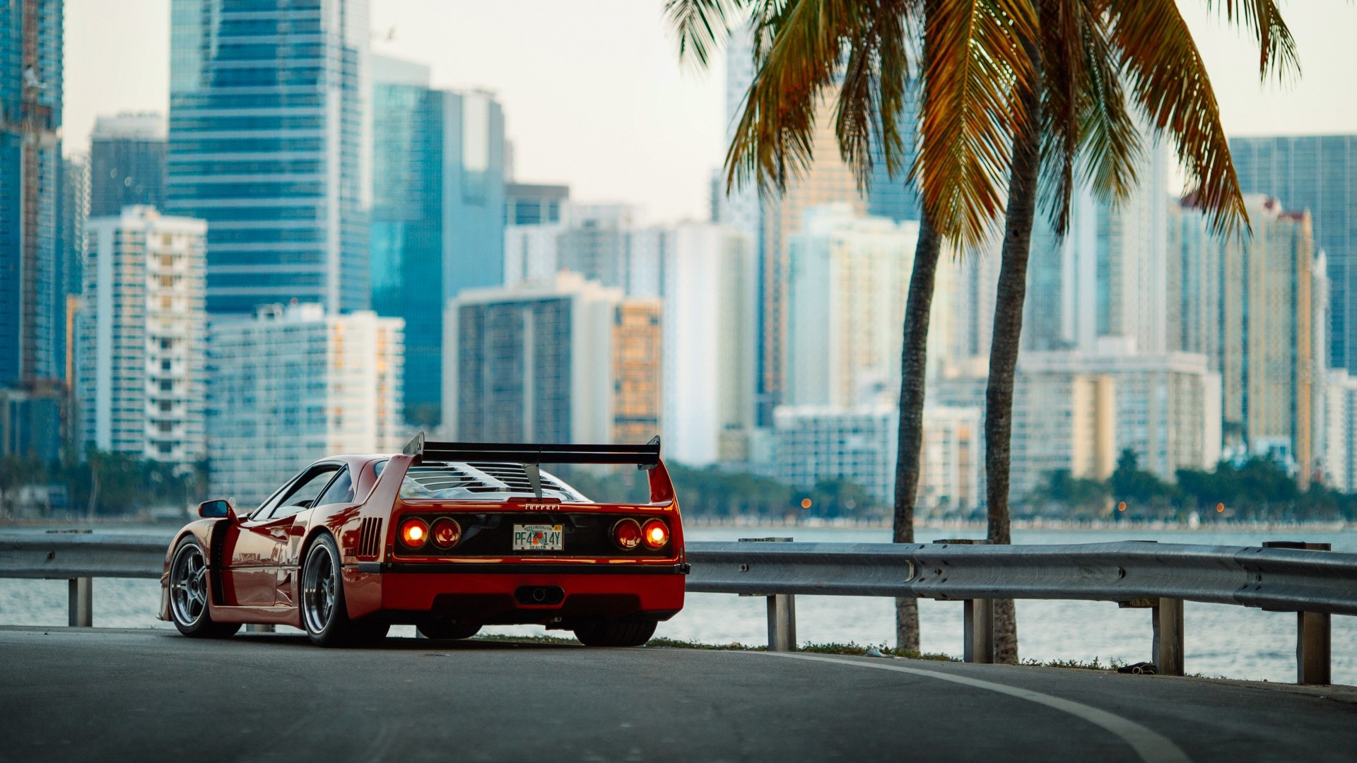 Red Ferrari F40 on a coastal road with city skyline HD Wallpaper