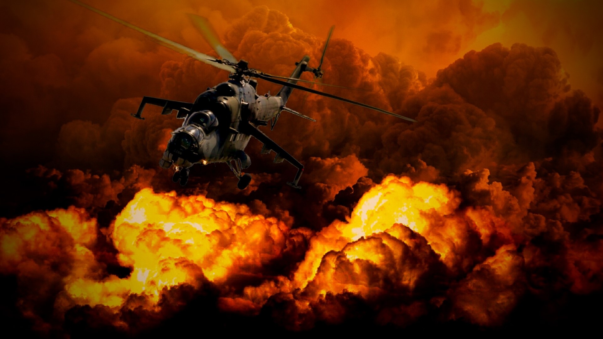 Helicopter flying through explosions and smoke HD Wallpaper