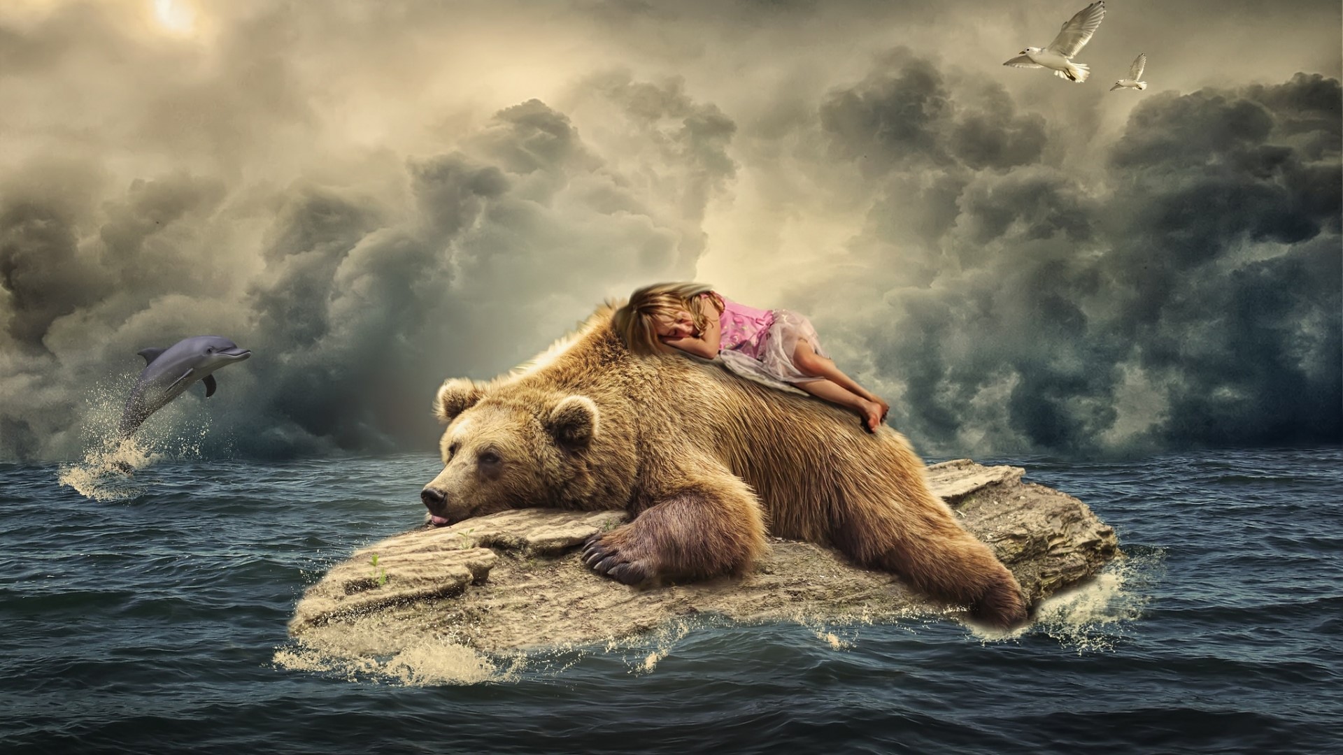 Girl sleeping on a bear in the ocean HD Wallpaper