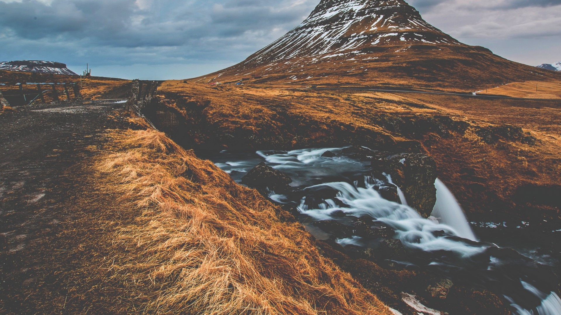 Mountain and Waterfall with Dead Grass HD Wallpaper