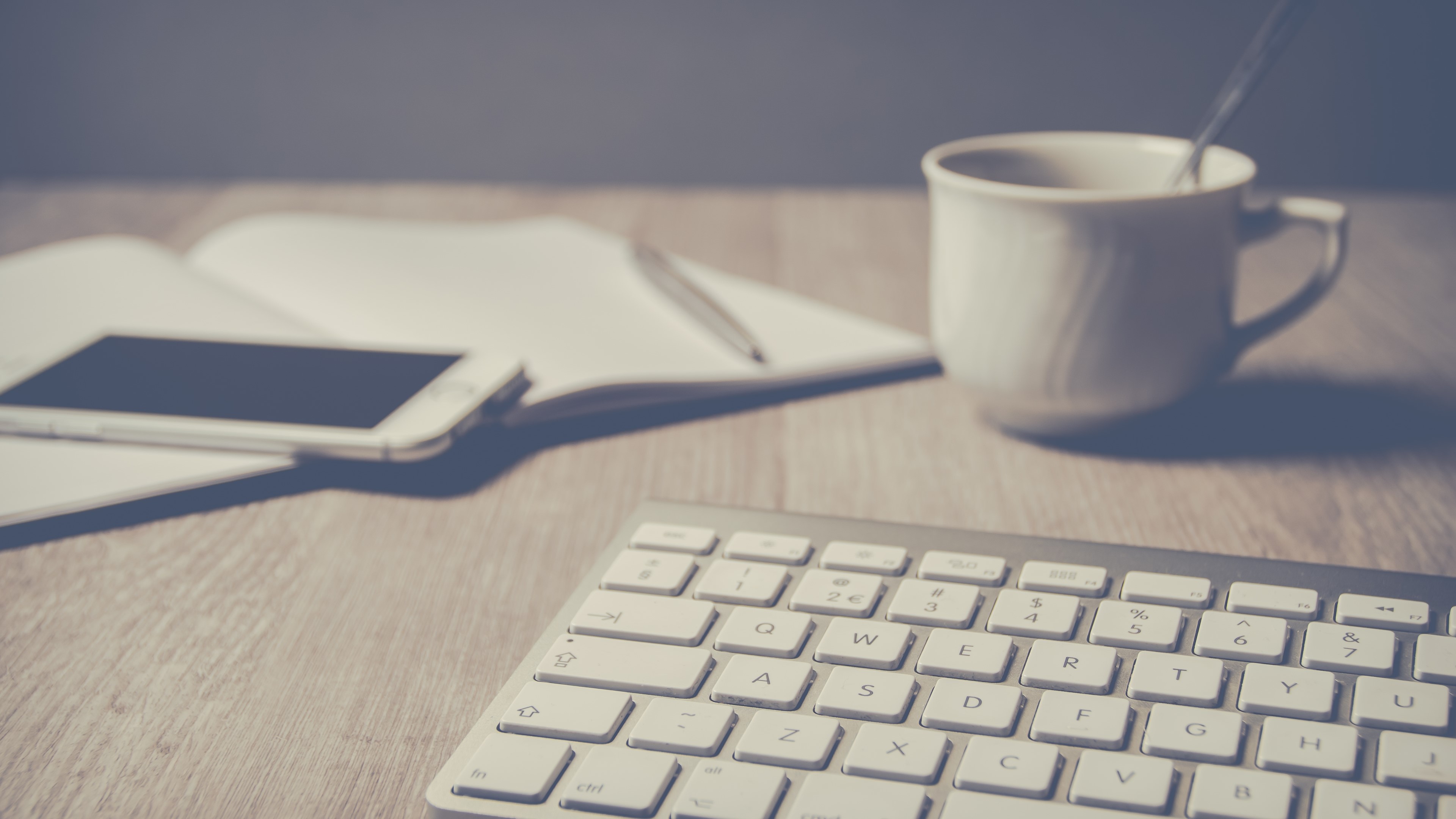 4K Magic Keyboard with Coffee and Notebook HD Wallpaper