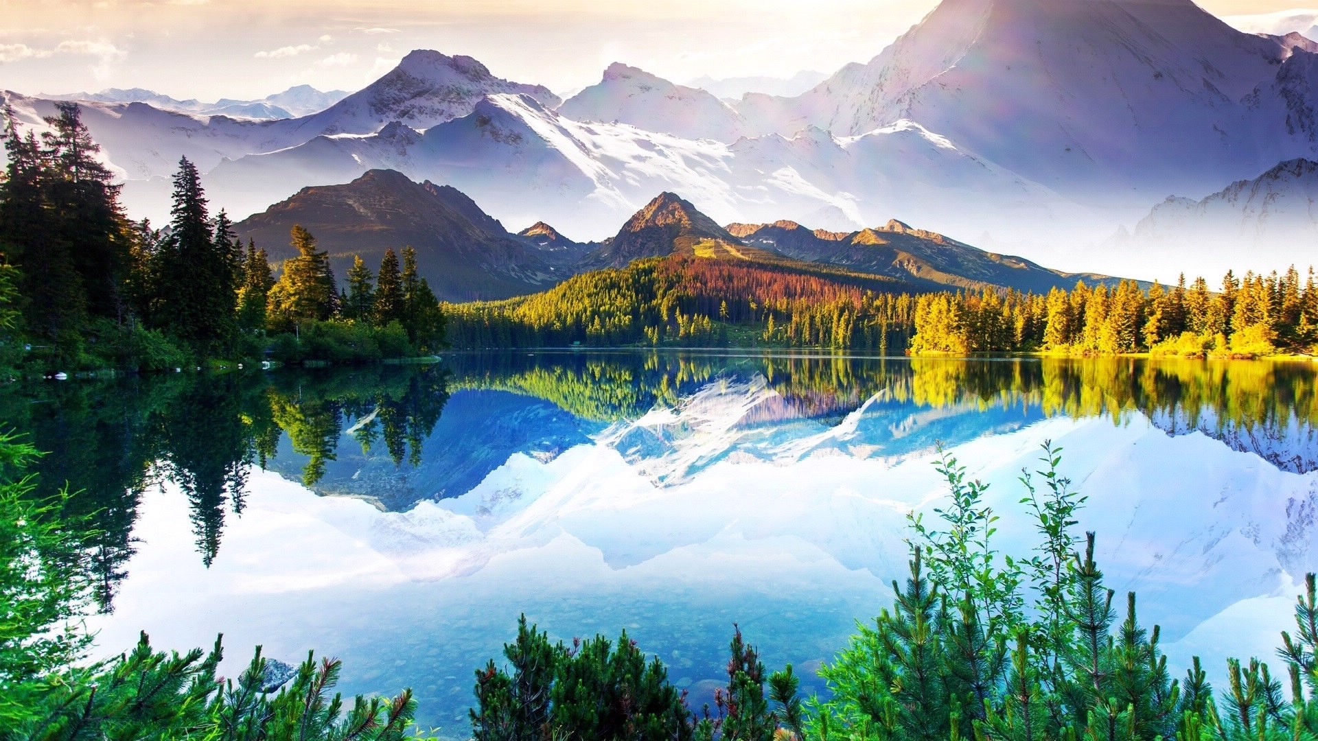 Snow-capped mountains reflected in a calm lake with pine trees HD Wallpaper