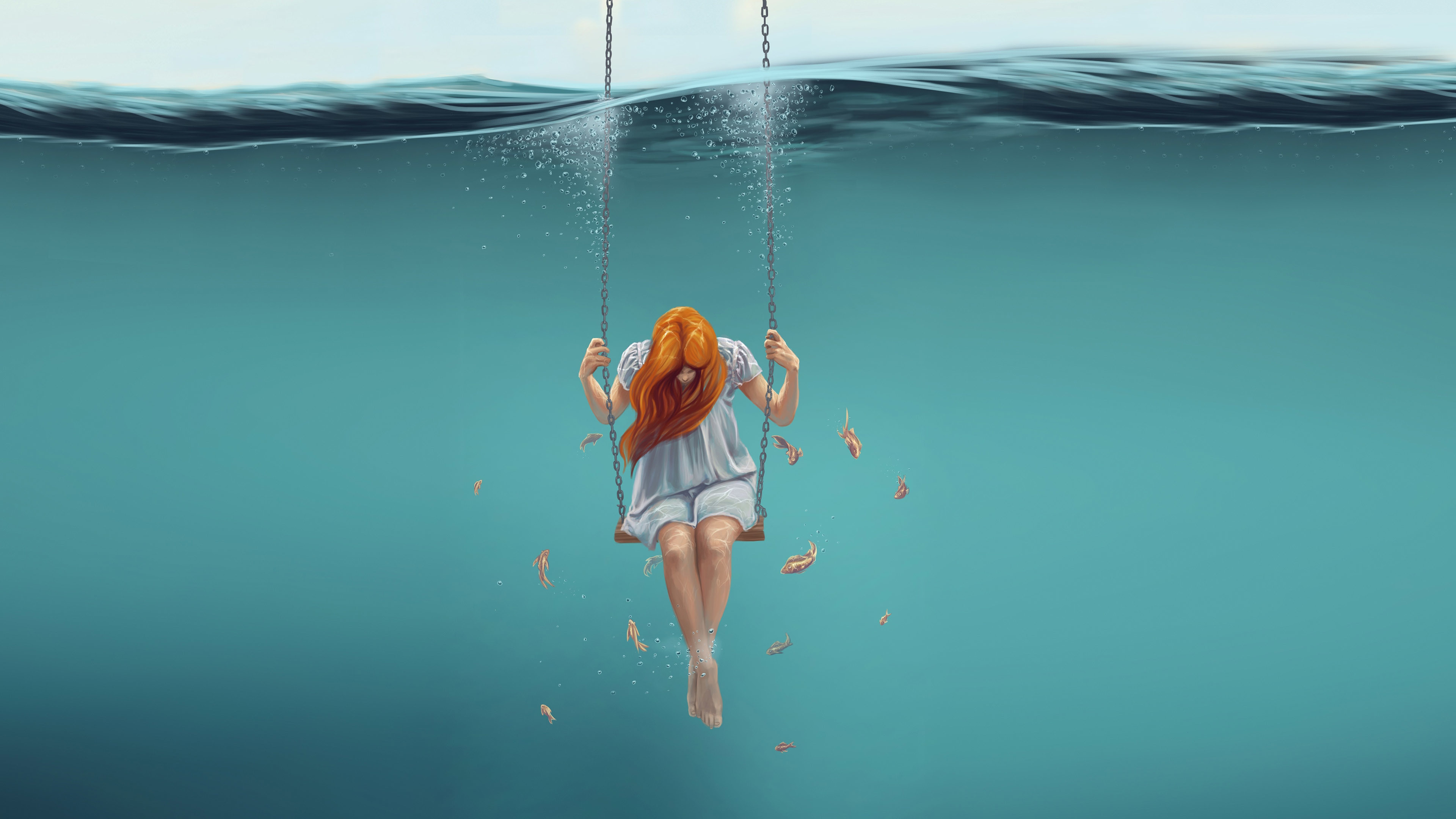 Girl on a swing underwater with fish HD Wallpaper