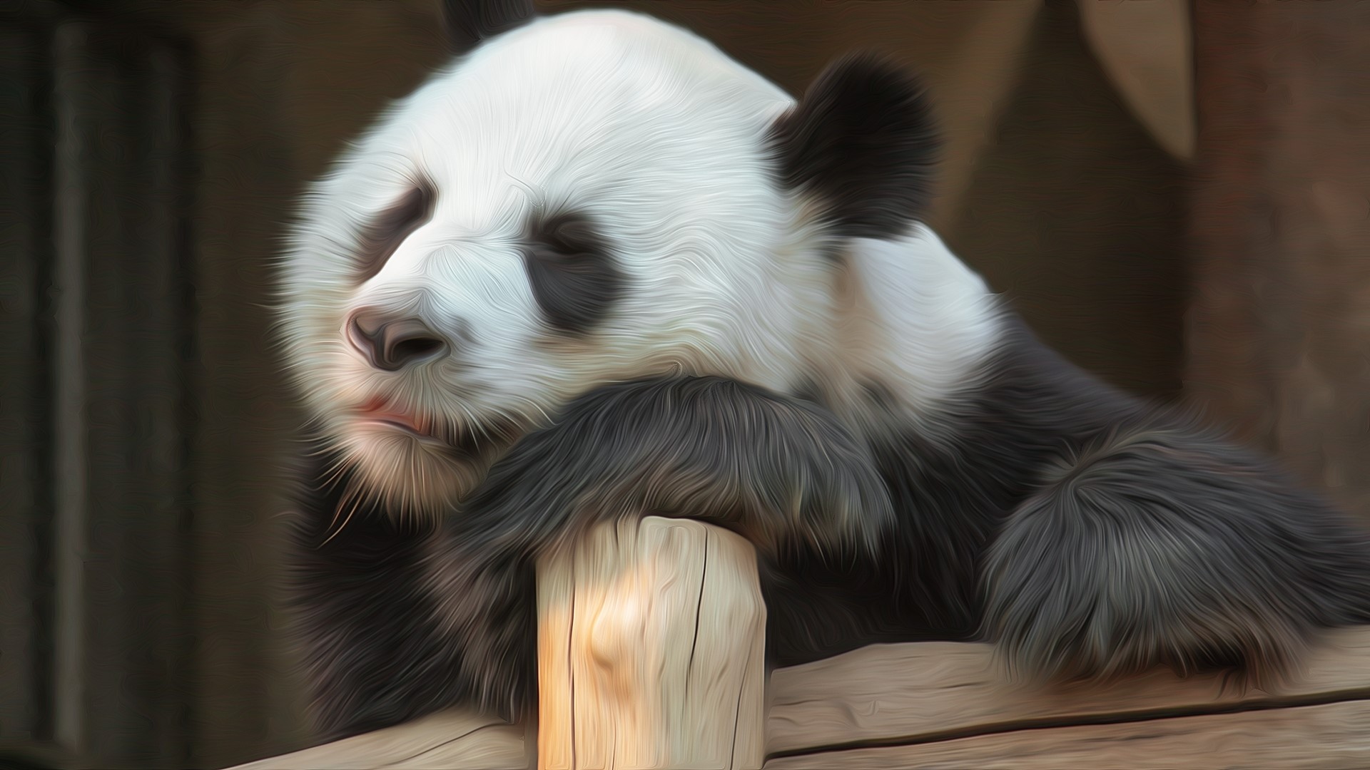 Panda resting on a wooden beam HD Wallpaper