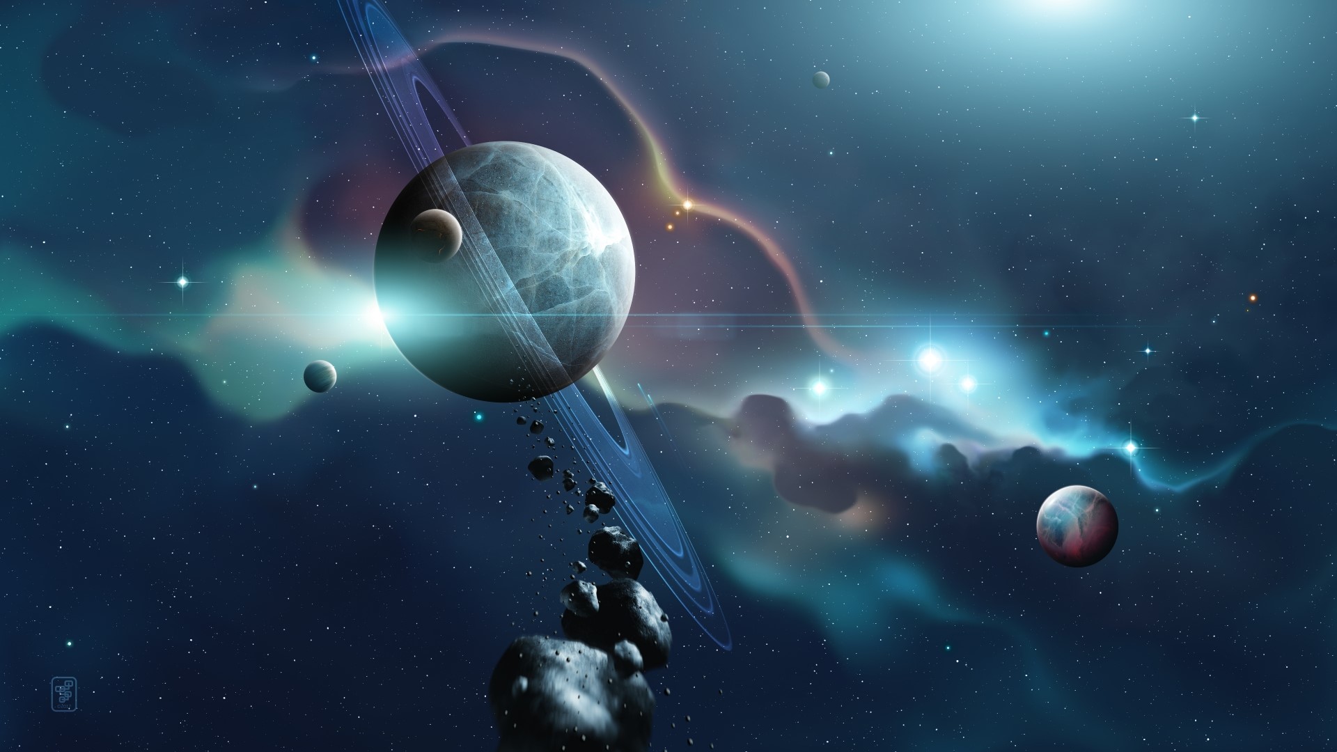 Planets and asteroids in a nebula HD Wallpaper