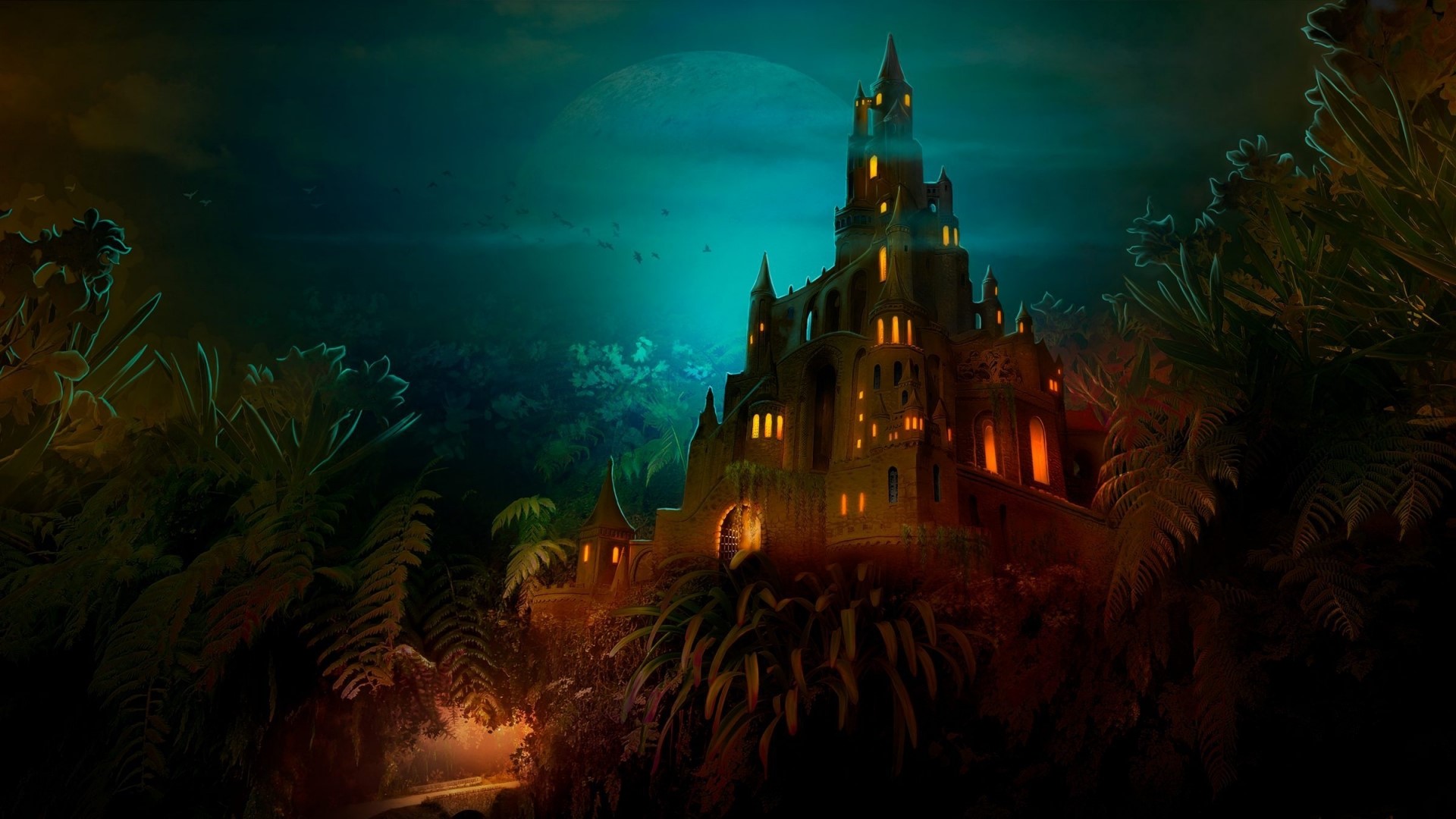 Fantasy castle in a dark jungle HD Wallpaper
