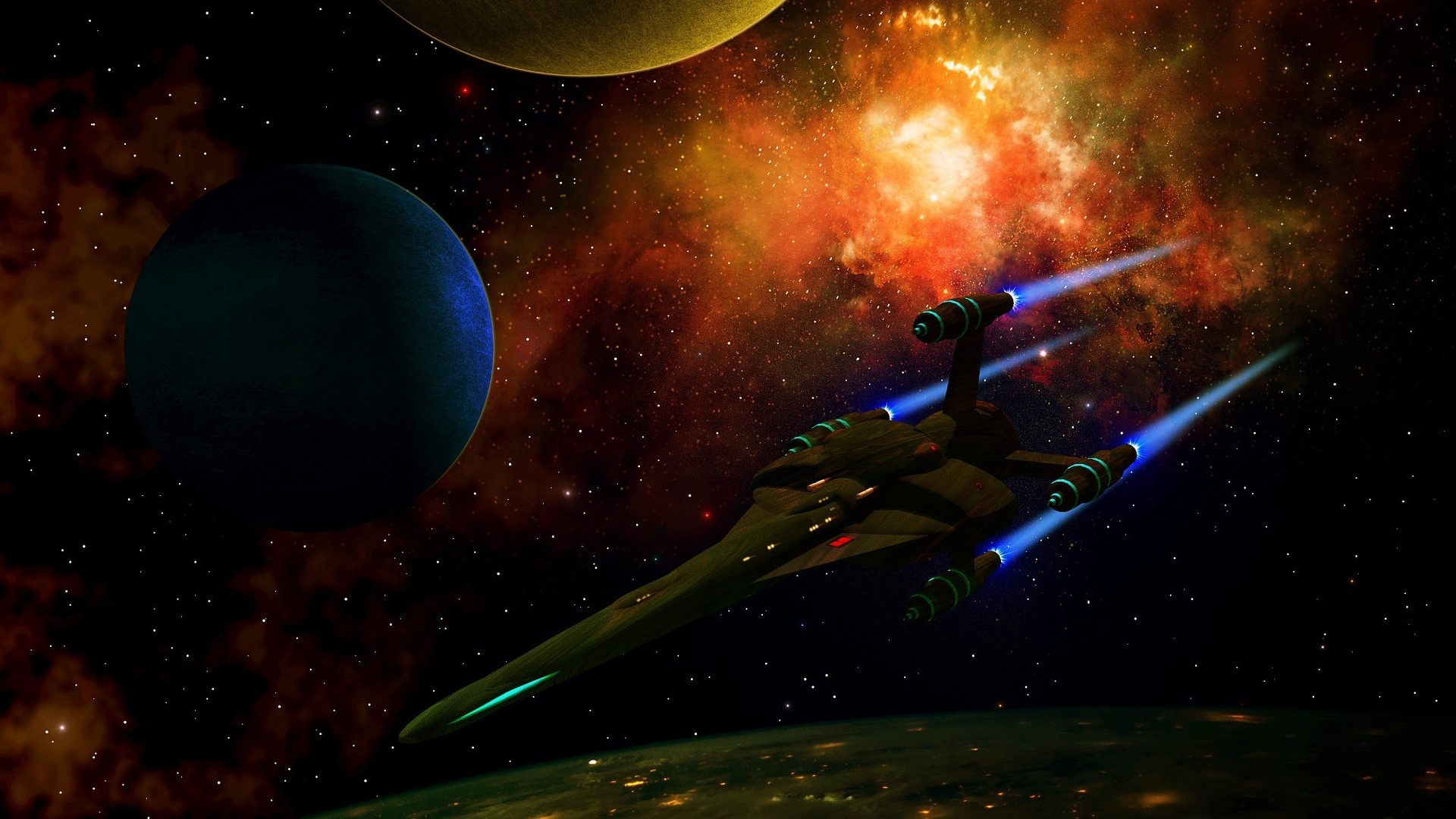 Spaceship in outer space with planets and nebula HD Wallpaper