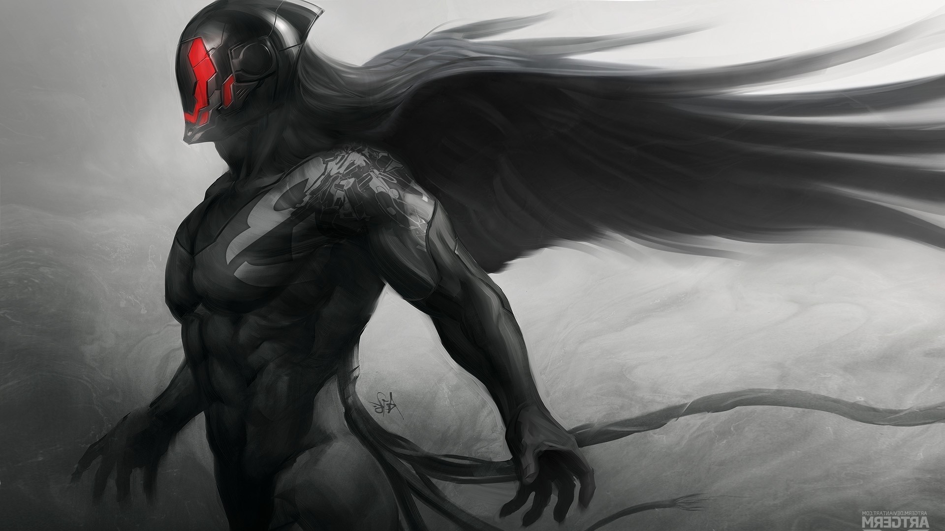 Black winged being with red helmet HD Wallpaper