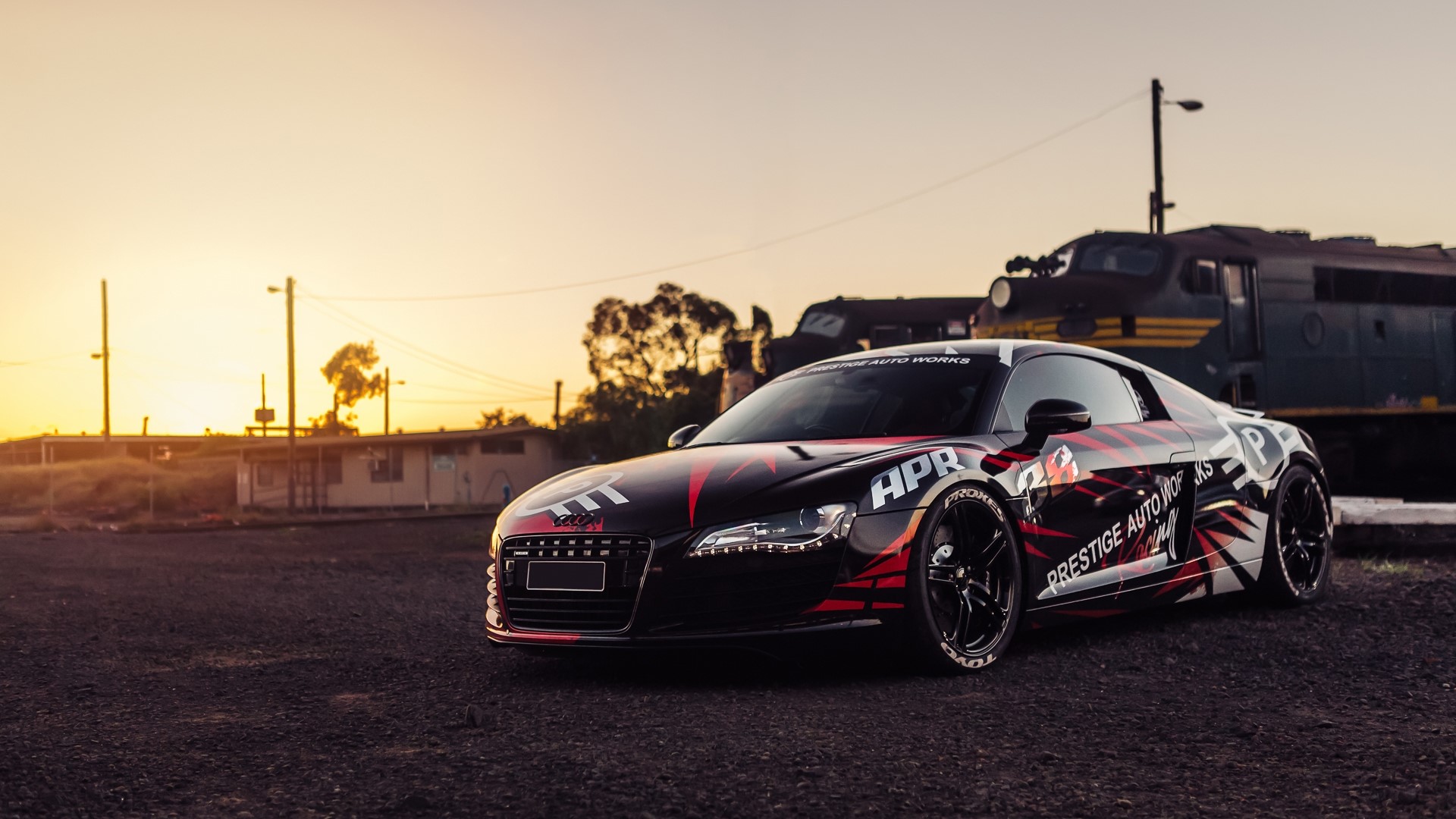 Audi R8 with custom graphics near train HD Wallpaper