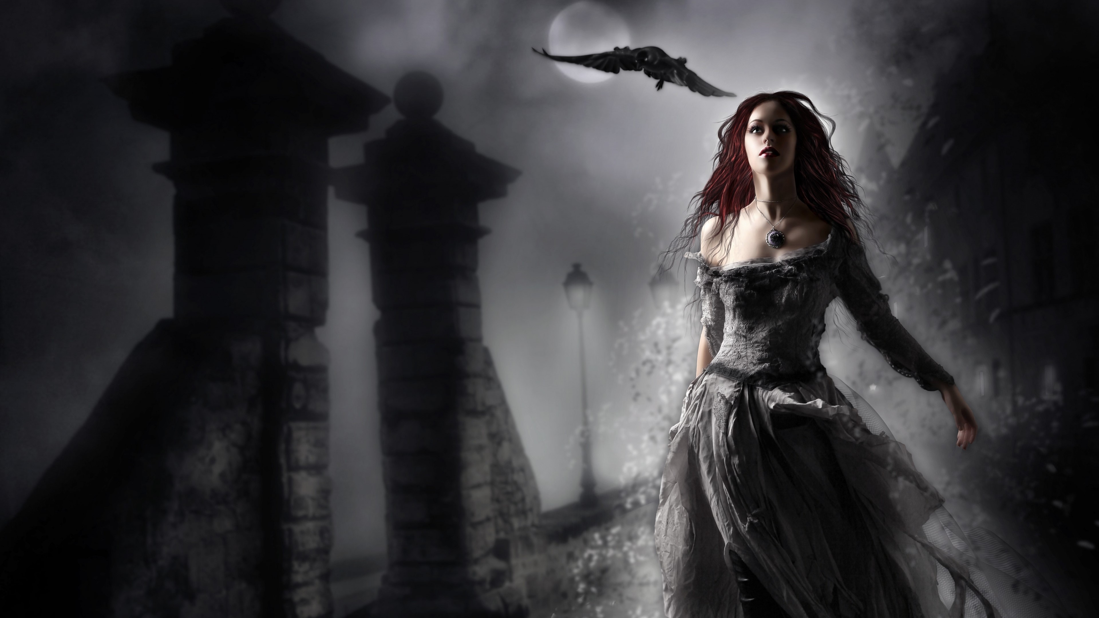 4K Mystic Woman and Bat in Foggy Night HD Wallpaper