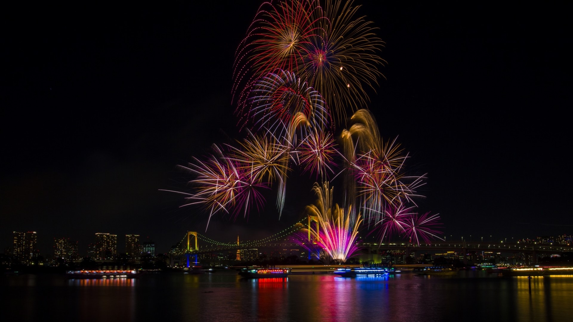Fireworks over Rainbow Bridge in Tokyo HD Wallpaper