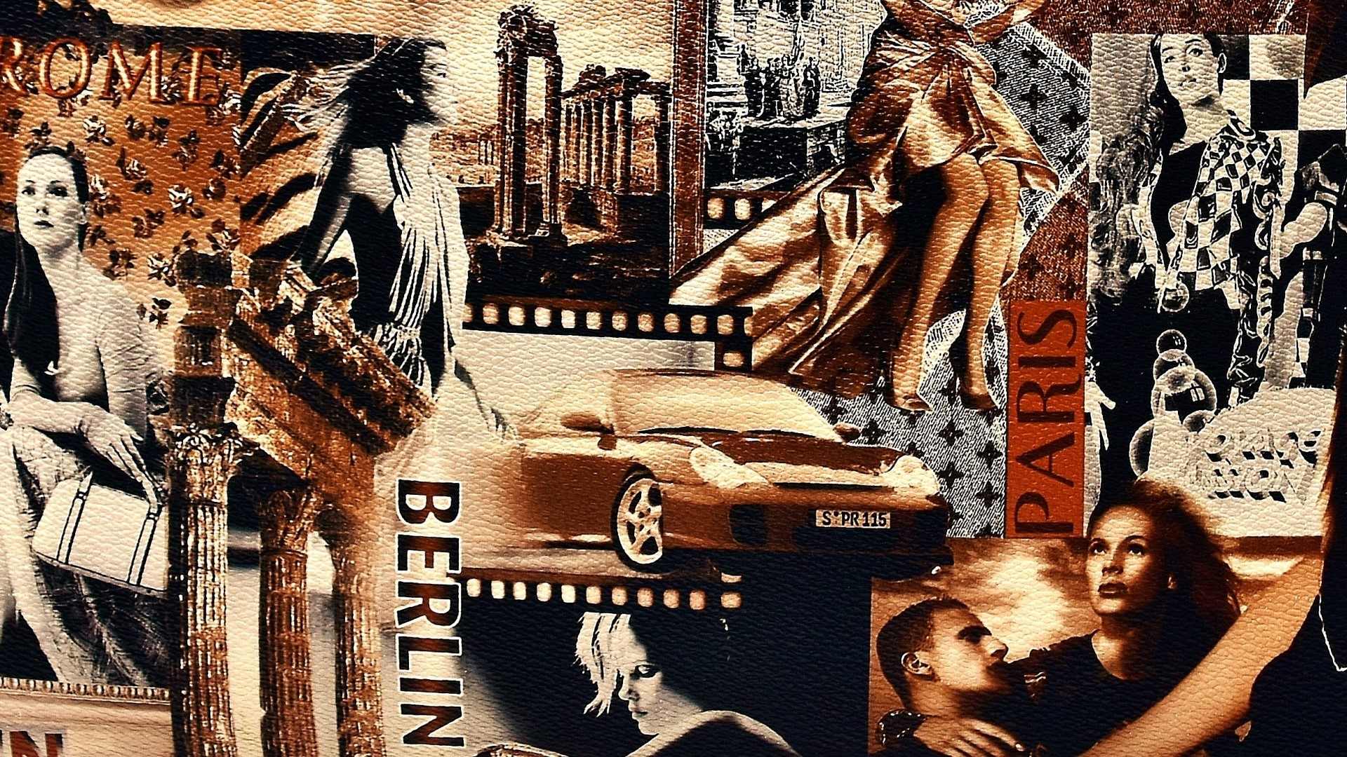 Collage of fashion, travel, and cars with Rome, Paris, and Berlin landmarks HD Wallpaper