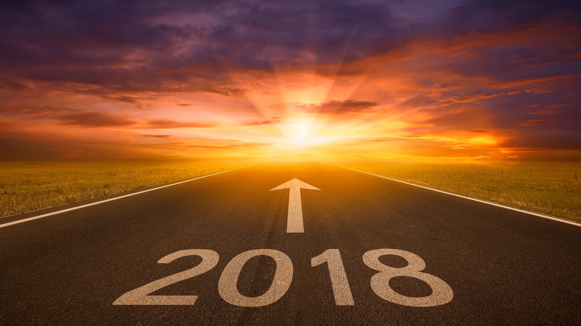 Road with 2018 and arrow towards sunset HD Wallpaper
