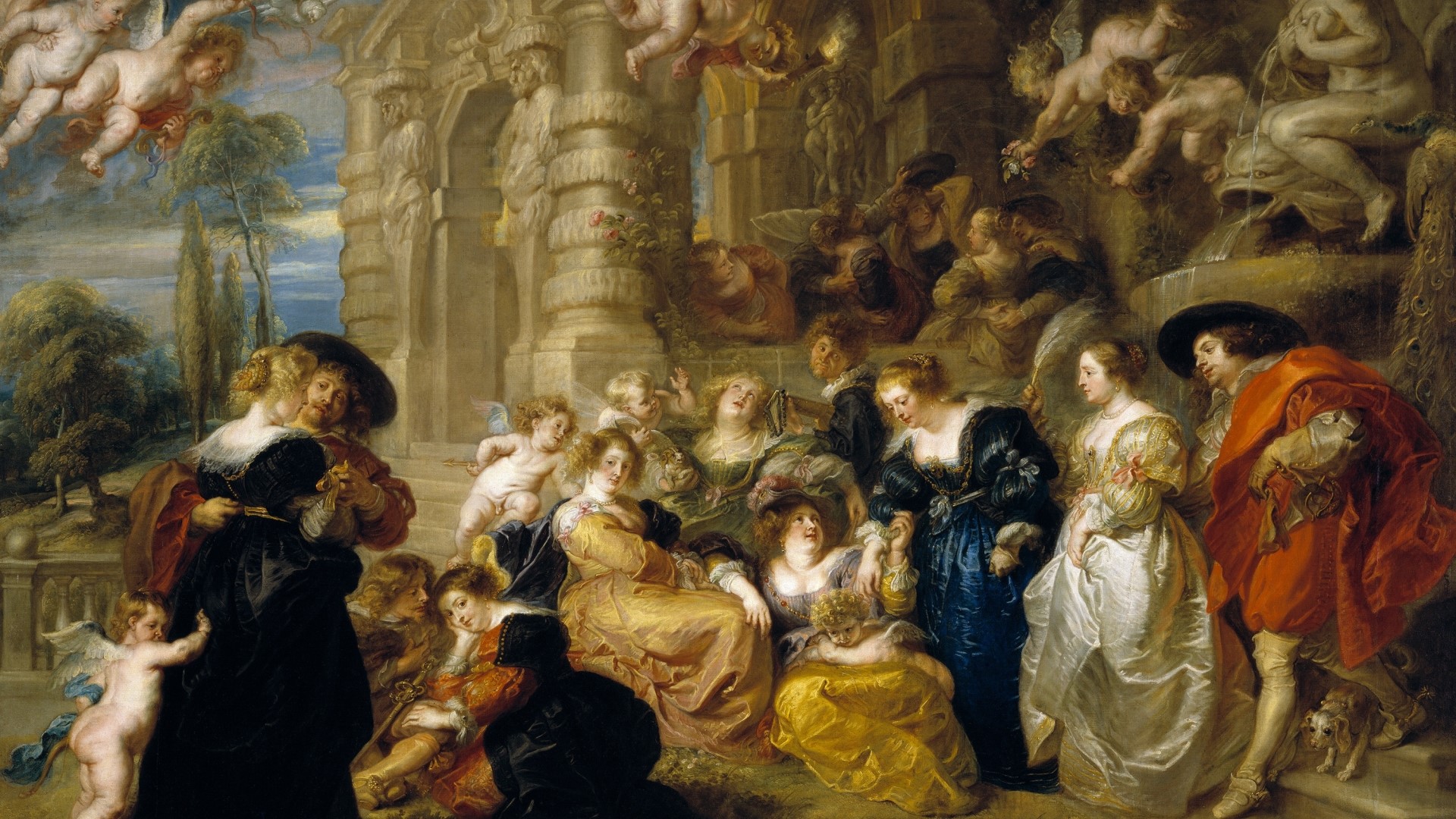 Garden of Love with Cherubs and Couples HD Wallpaper