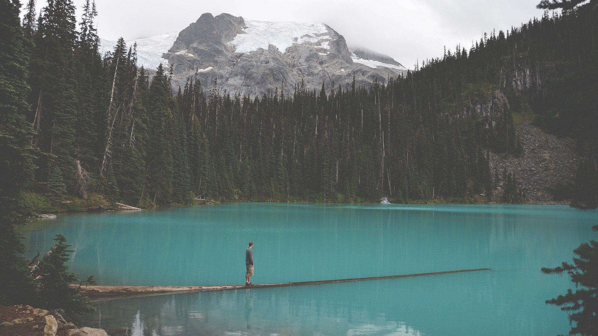 Man standing on log in turquoise lake with mountains HD Wallpaper