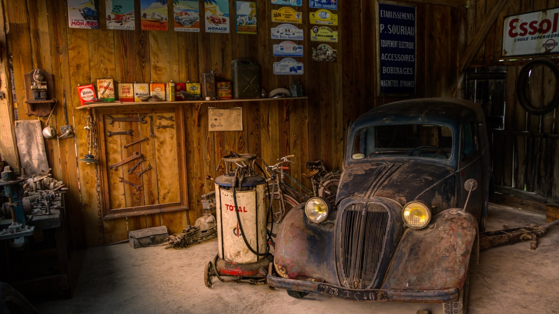 Old Car in Vintage Repair Shop with Gas Pump HD Wallpaper