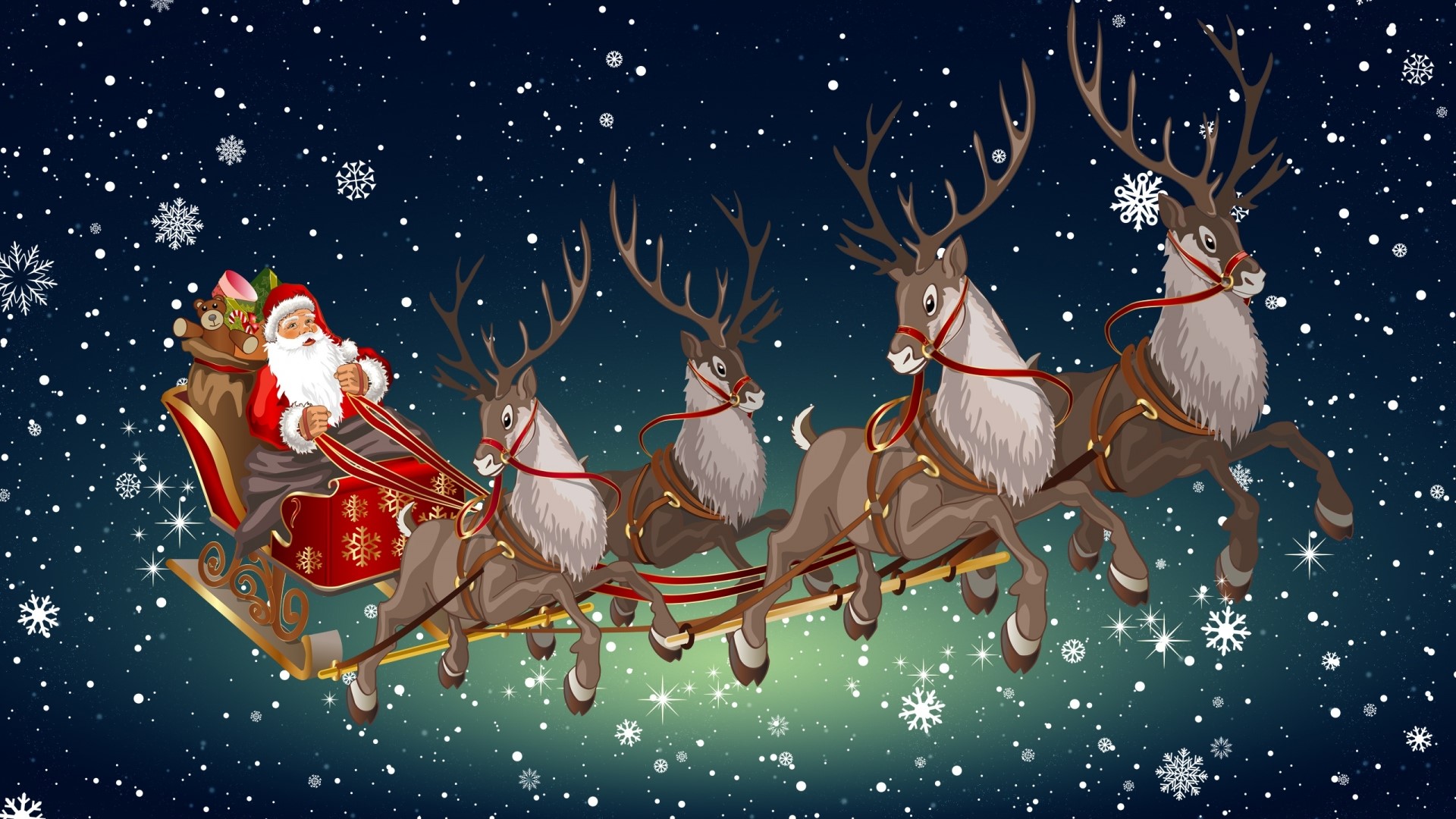 Santa Claus and reindeer flying in the night sky HD Wallpaper