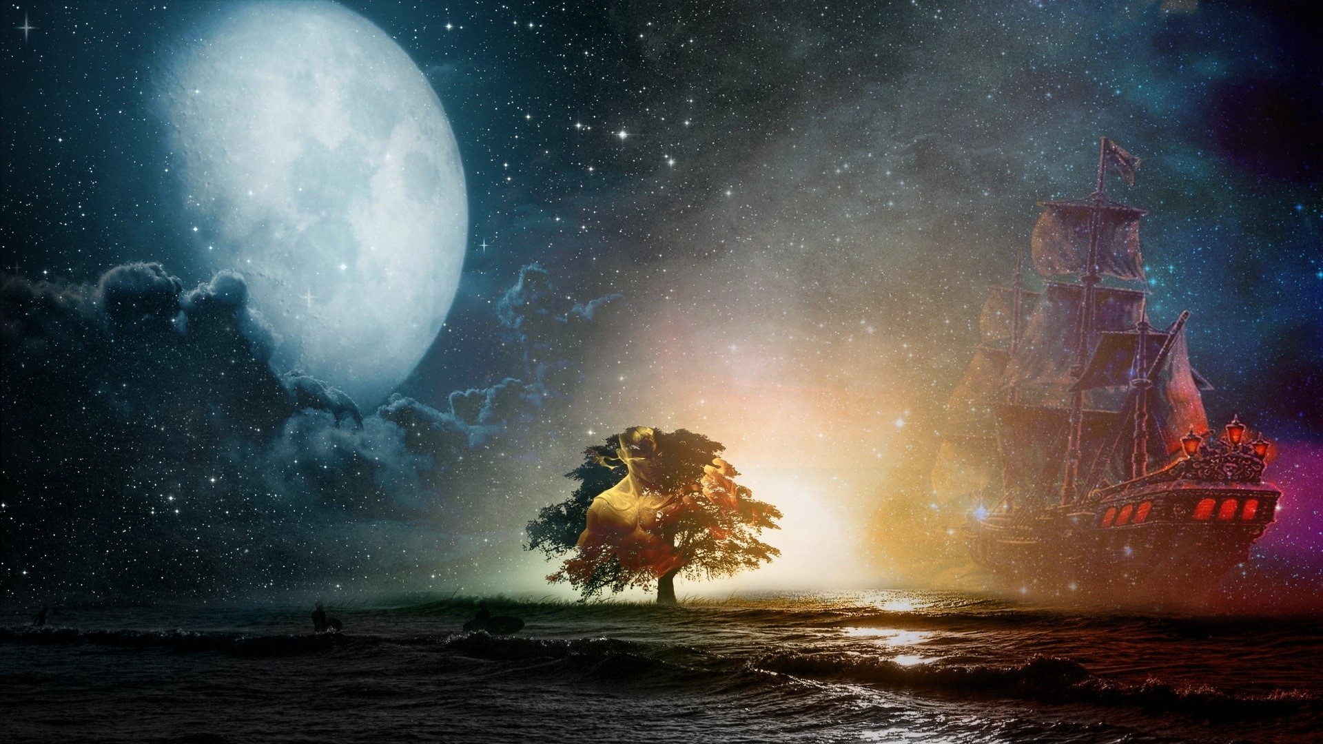 Fantasy pirate ship sailing under a large moon and starry sky HD Wallpaper