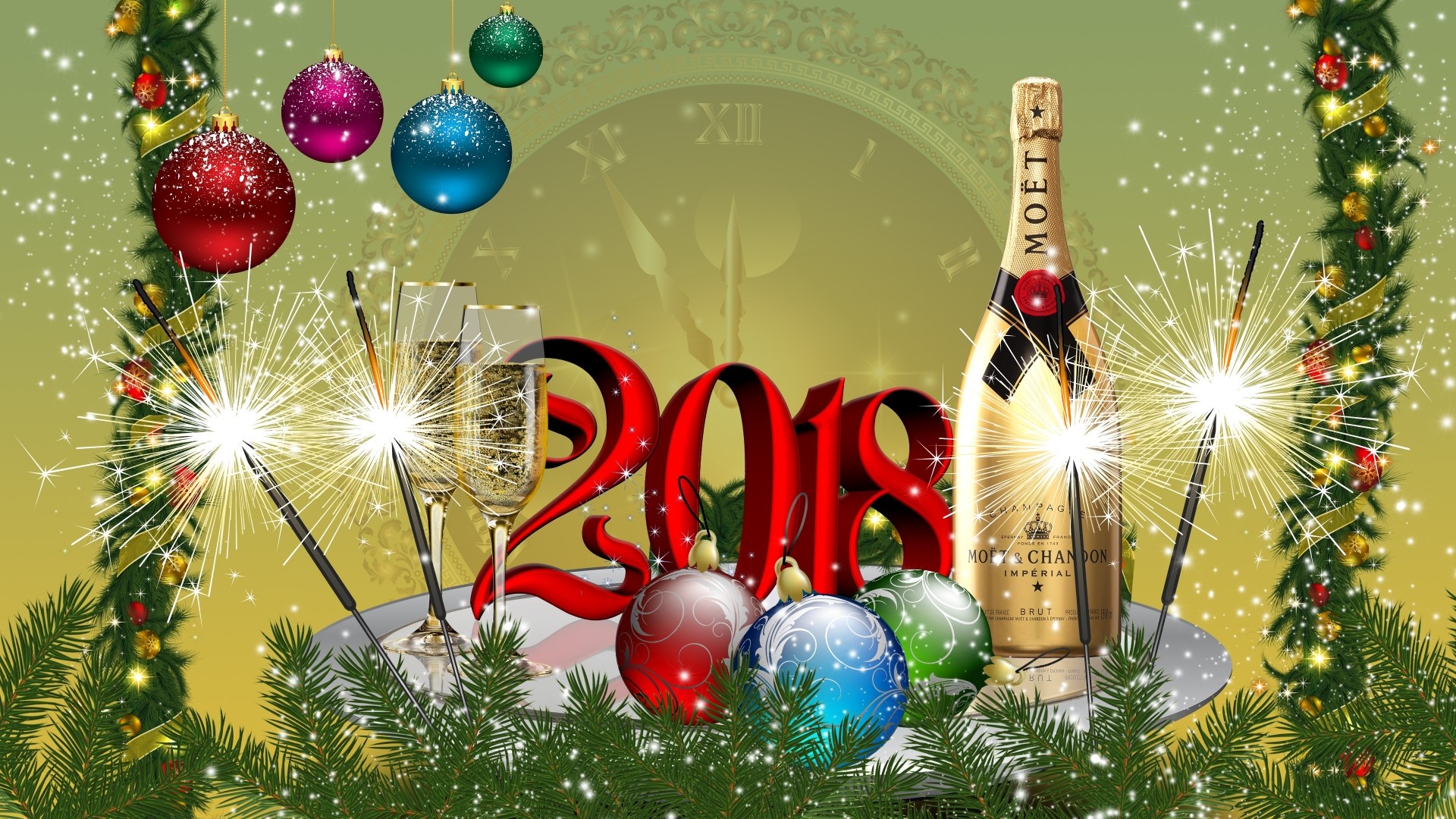 2018 New Year's Eve Celebration with Champagne and Sparklers HD Wallpaper