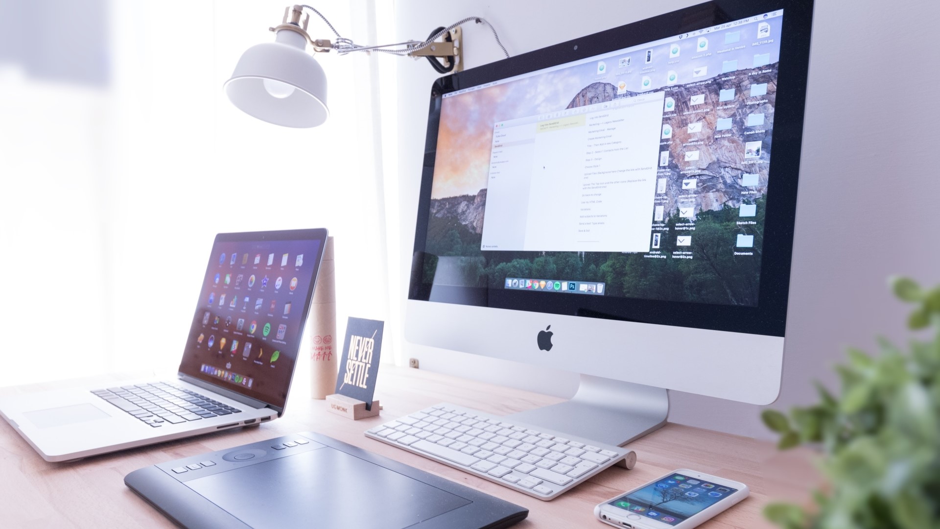 Apple iMac, MacBook, and iPhone on a desk HD Wallpaper