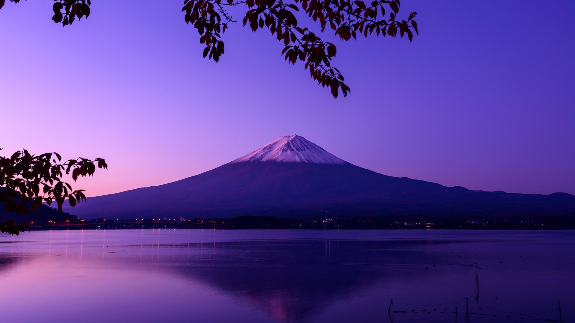 Mount Fuji at twilight over a lake HD Wallpaper