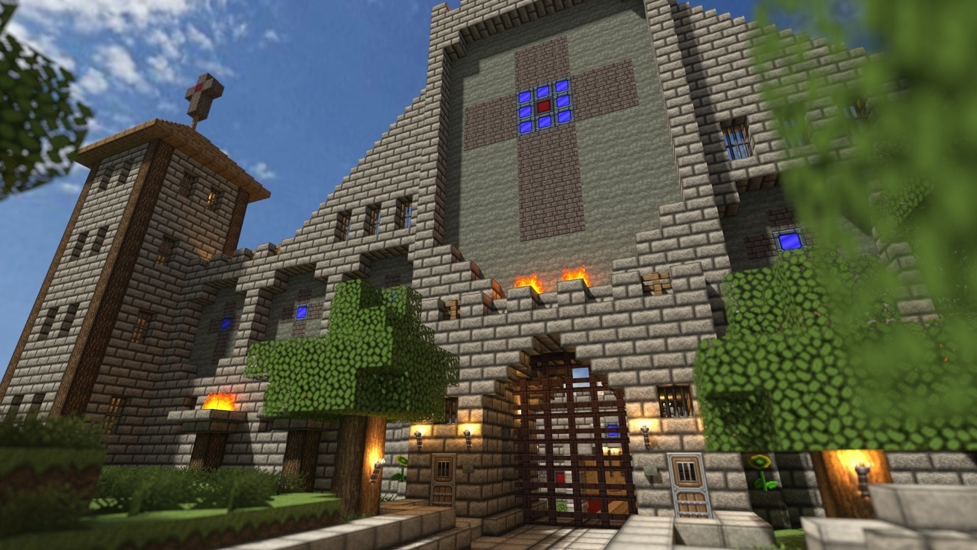 Minecraft Church with Stained Glass Cross HD Wallpaper
